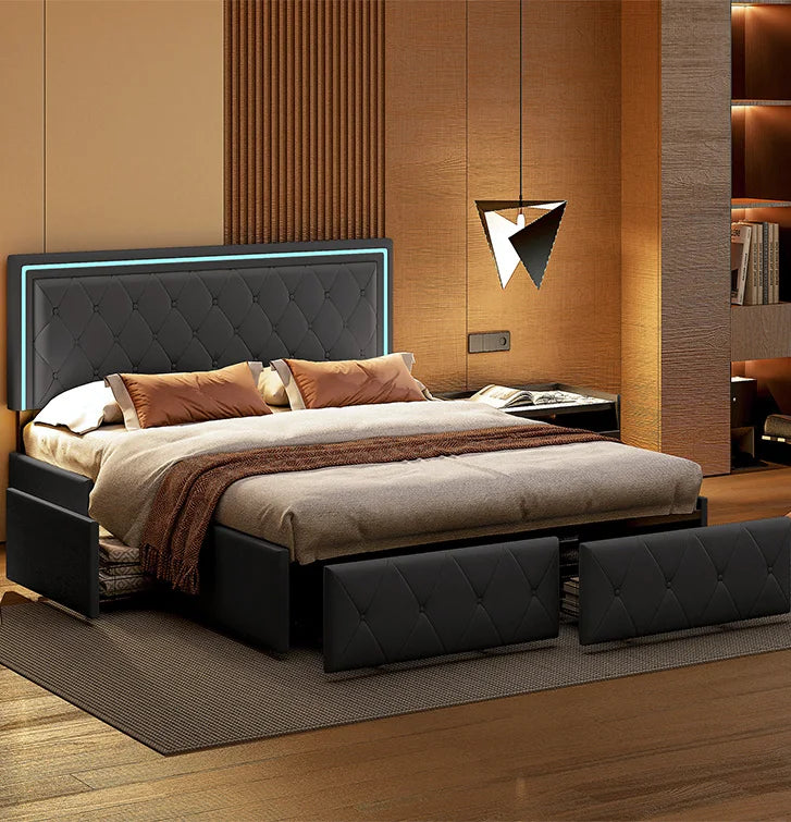 Modern Kunstleren Bed – Bedframe – Tweepersoonsbed – Opbergbed – Led Bed – Grijs 160x200 cm – 4 Opberglades Met Wieltjes – Ingebouwde LED-Verlichting - QUORE