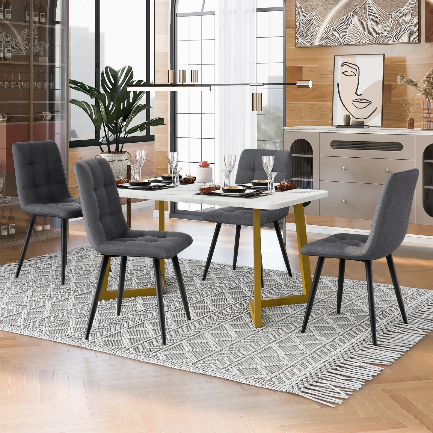 Eetkamerset – Eettafelset – Eetkamertafel Met Stoelen – Compacte Eethoek – Marmerlook Tafel – Linnen Beklede Stoelen - Donkergrijs