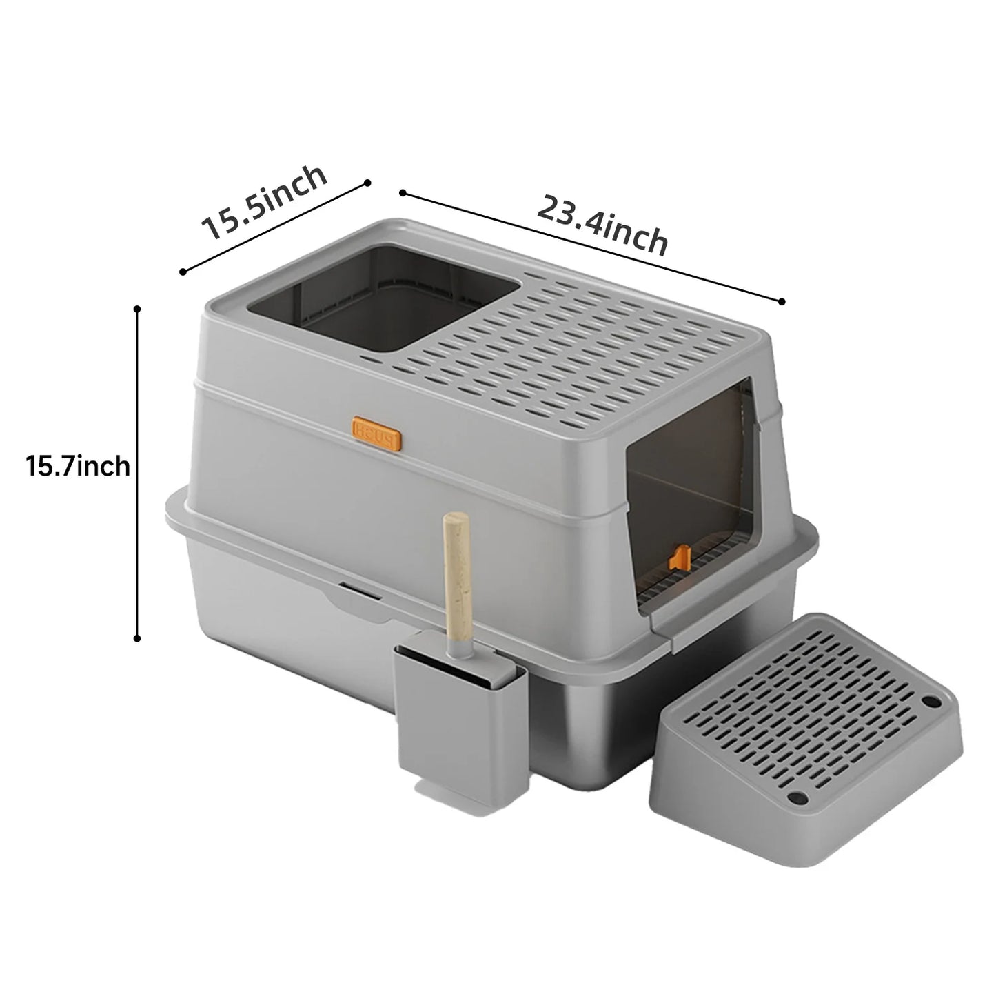 RVS Kattenbak - Kattentoilet Roestvrijstaal - Kattenbak - Incl. Kattenbakschep met Houder en Gritopvang Opstapje - 3-in-1 - Grote - 60x40x39cm - Grijs
