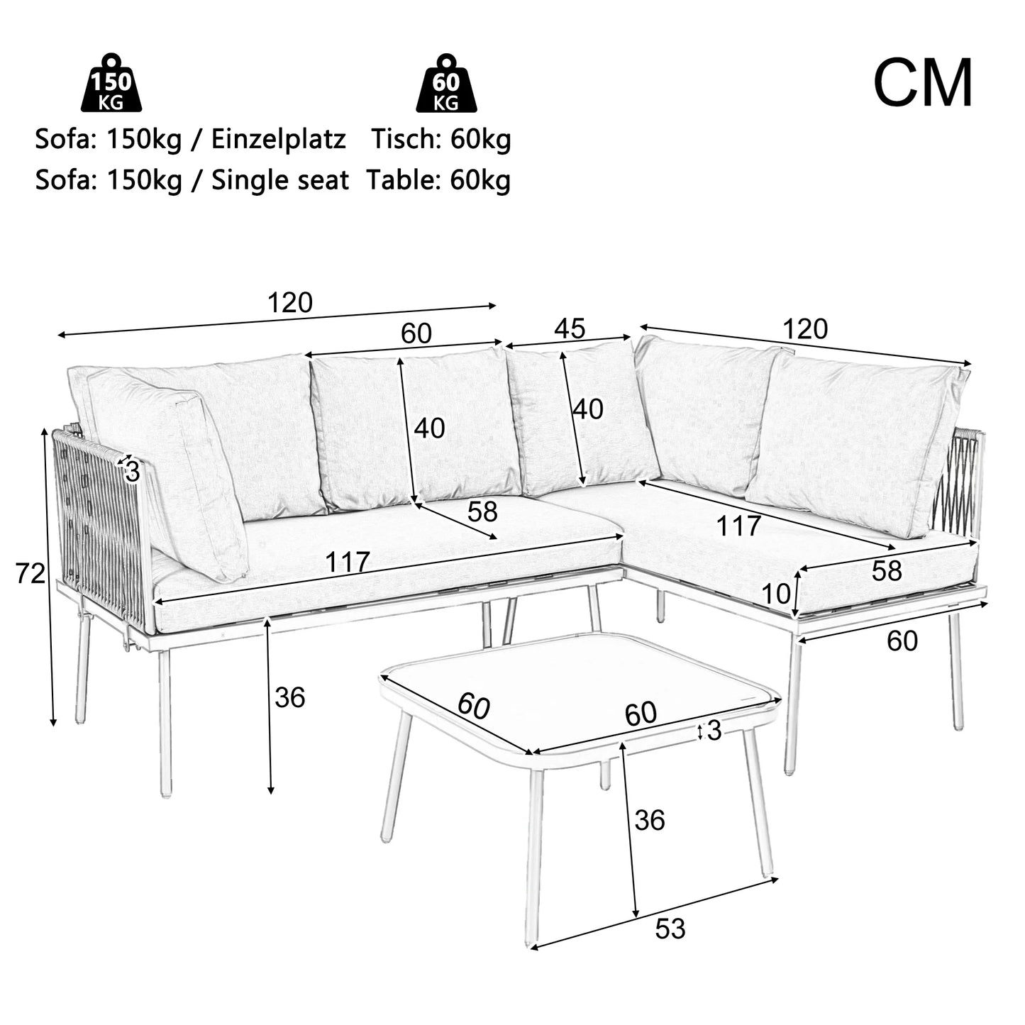 Groene Loungeset – Buitenmeubel – Tuinset – Terras Meubilair – L-Vorm – Waterbestendig Touw – Metalen Frame