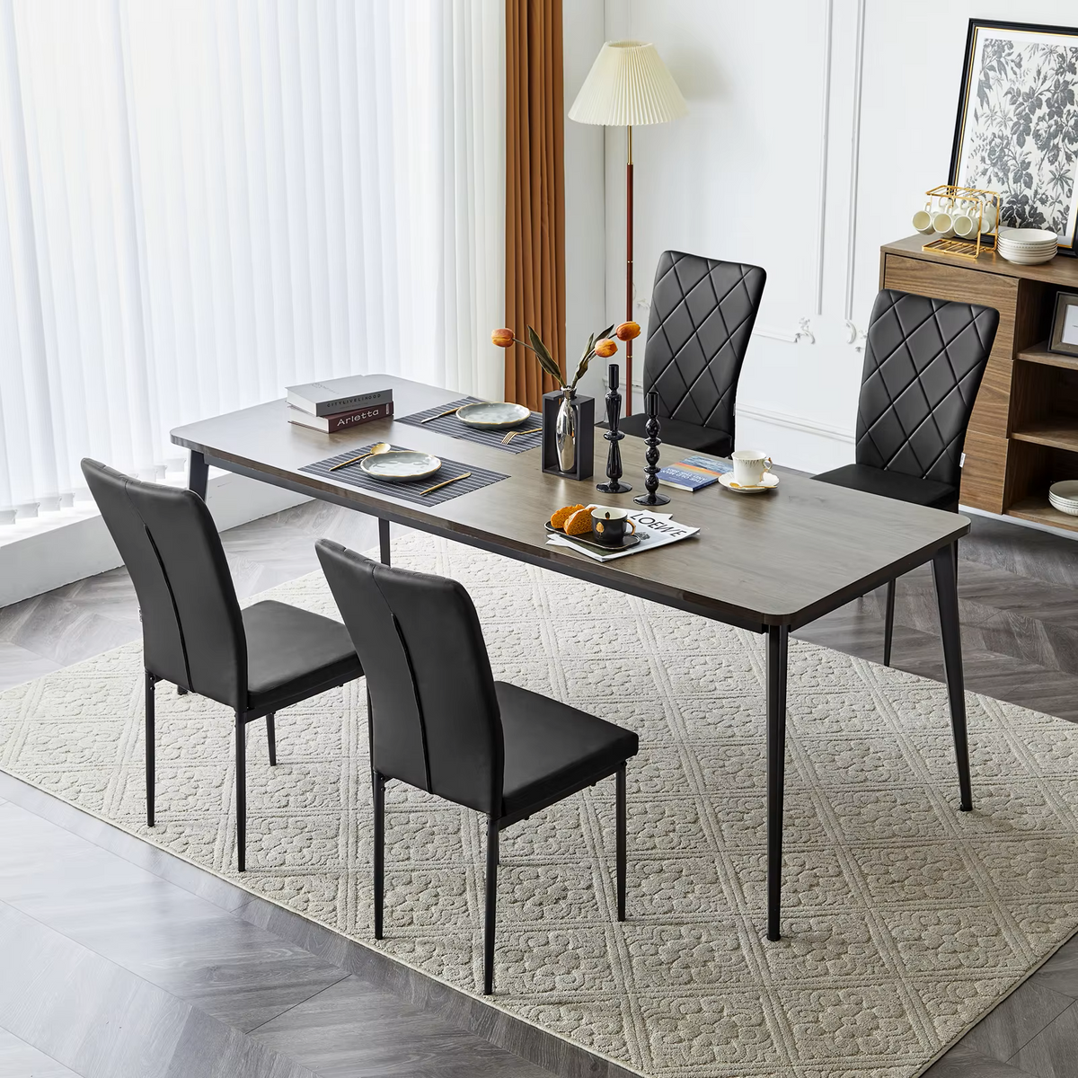 Stoel - Eetkamerstoelen - Set van 4 Leer Eetkamerstoelen - Ergonomisch - Metalen Poten - Hoge Rugleuning - Comfortabel & Stabiel – Voor Keuken - Eetkamer - 42x94.5x 59cm - Zwart Leer - QUORE