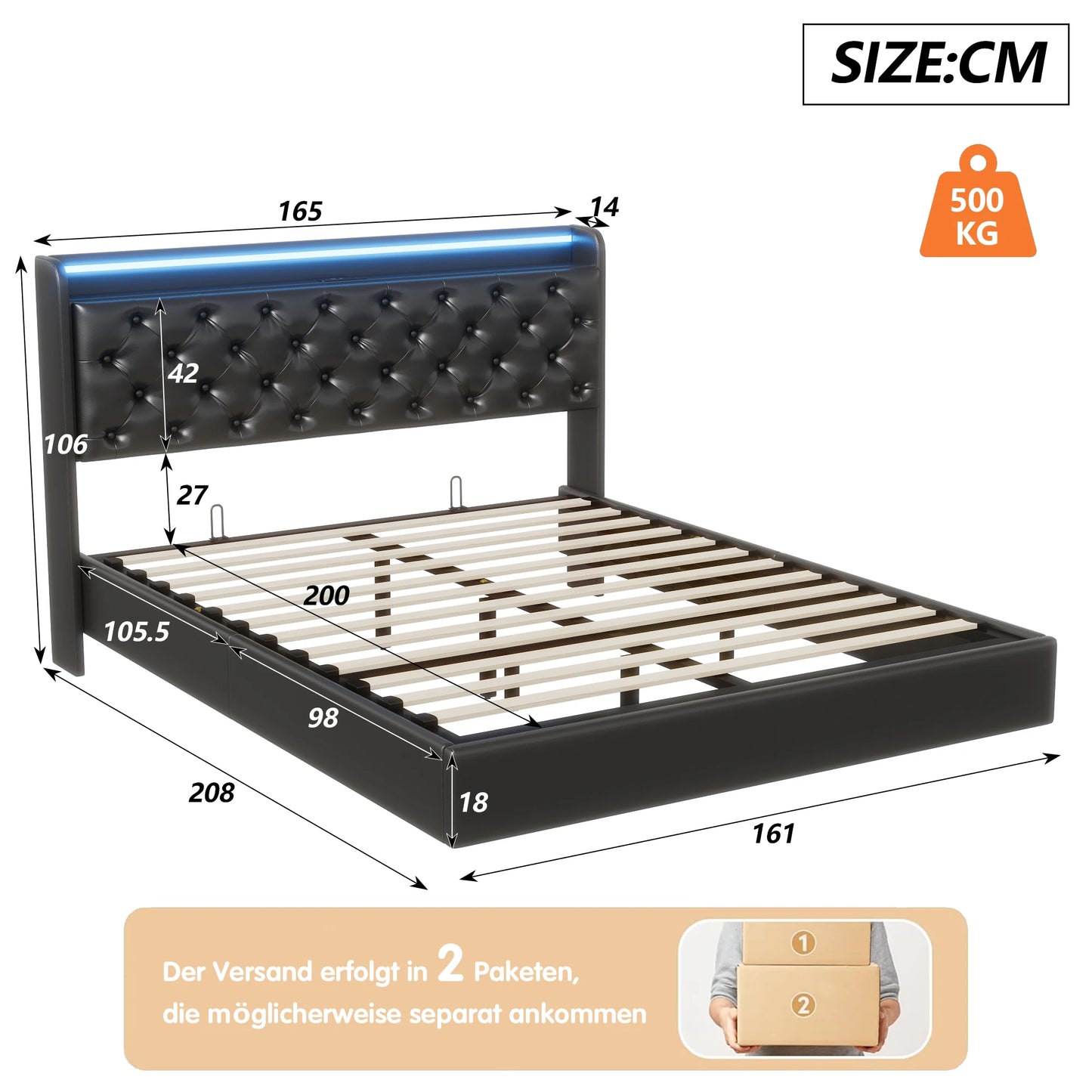 Gestoffeerd Tweepersoonsbed – Dubbel Bed – Opbergbed – Met Hoofdbord – Bedframe 140x200 cm – Stevig Metalen Frame – Hydraulische Opbergruimte