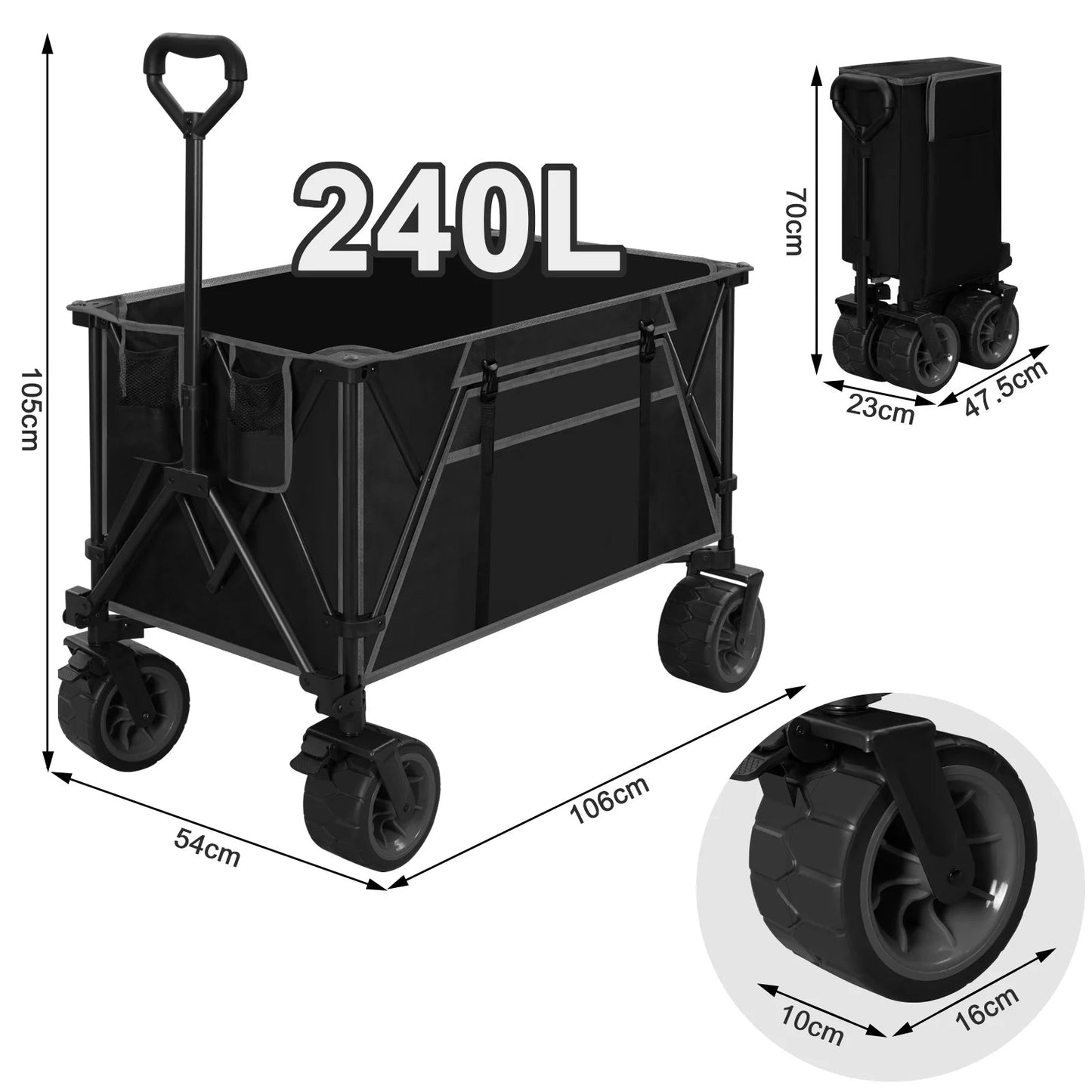 Bolderkar - Handkar - Bolderkar Opvouwbaar - Bolderwagen - 240L - met Remmen - Transportkar voor Alle Terreinen - Bolderkarren - Voor Strand, Kamperen, Picknick, Tuin, Winkelen – Grijs