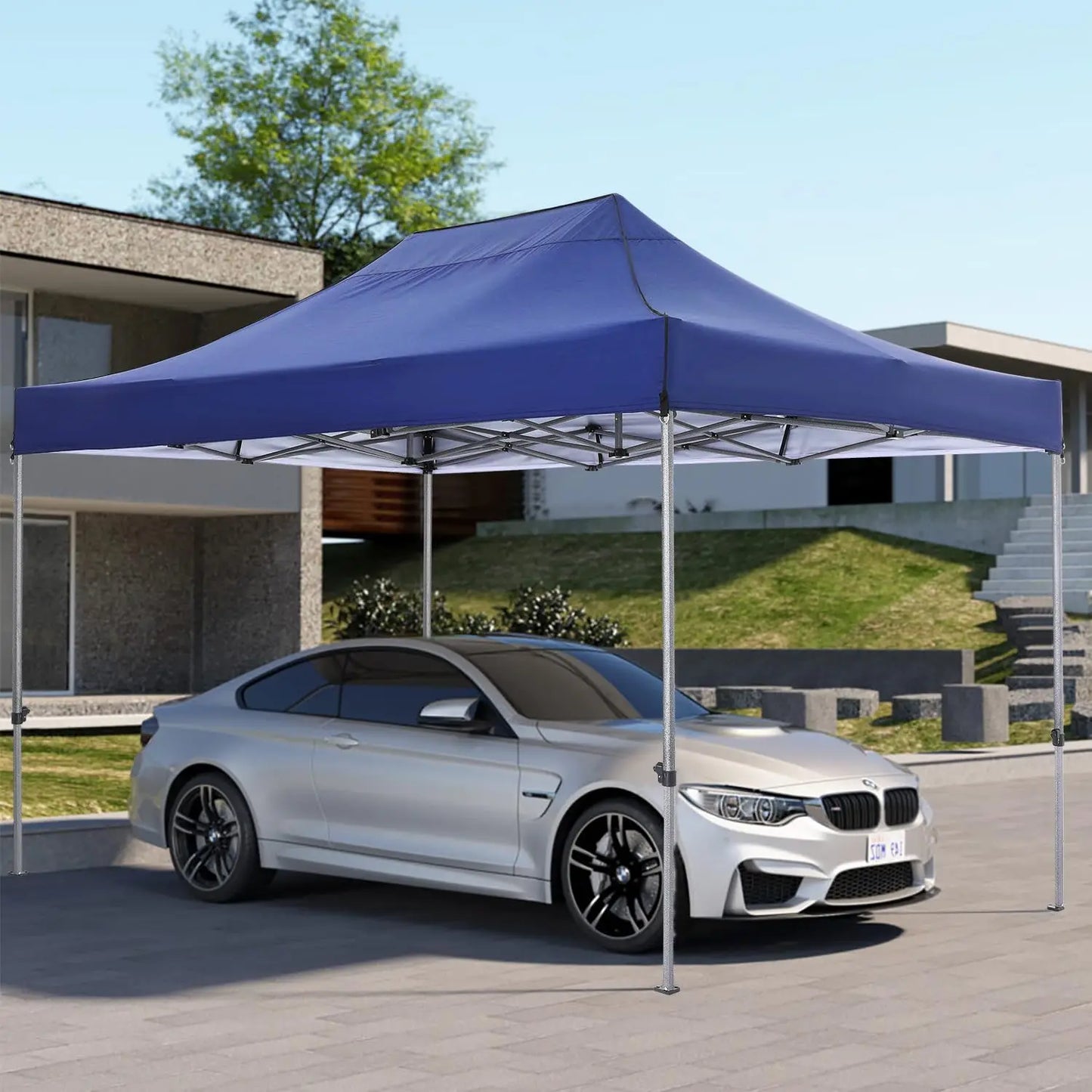 Tuinpaviljoen – Partytent – Inklapbaar Tuinhuisje – Overkapping – Beschutting – Waterdicht Polyester – Staal Frame - 3x4.5m - Marineblauw - QUORE