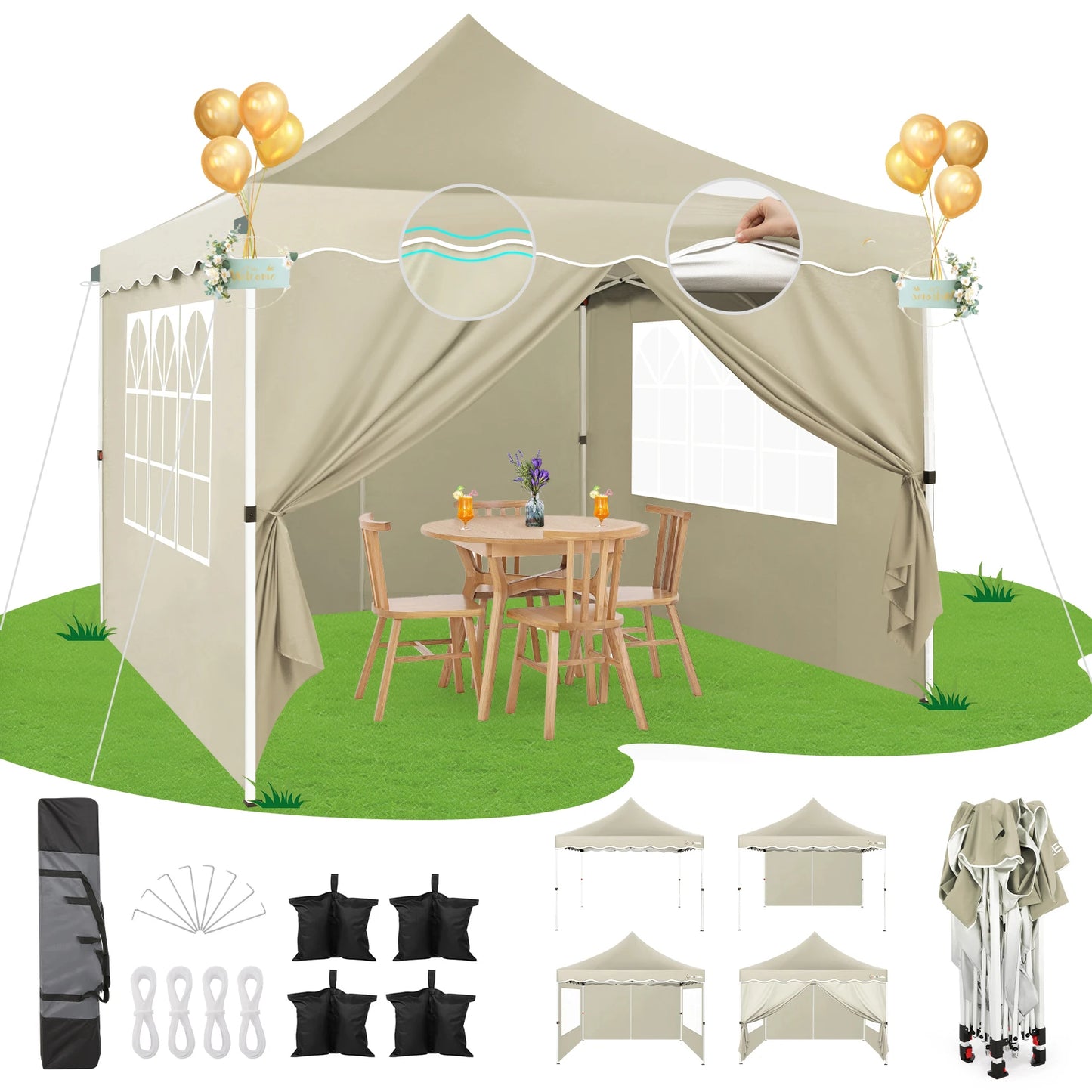 Opvouwbaar Paviljoen – Partytent – Tuinpaviljoen – Marktstand – Schaduwdoek – Waterdicht – Verstelbaar Frame - Khaki