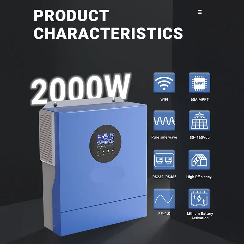 Solar Inverter – Zonne-Omvormer – MPPT Laadregelaar – 12V - 60A - 2000W Omvormer – WiFi Monitoring – Pure Sinusgolf Uitgang