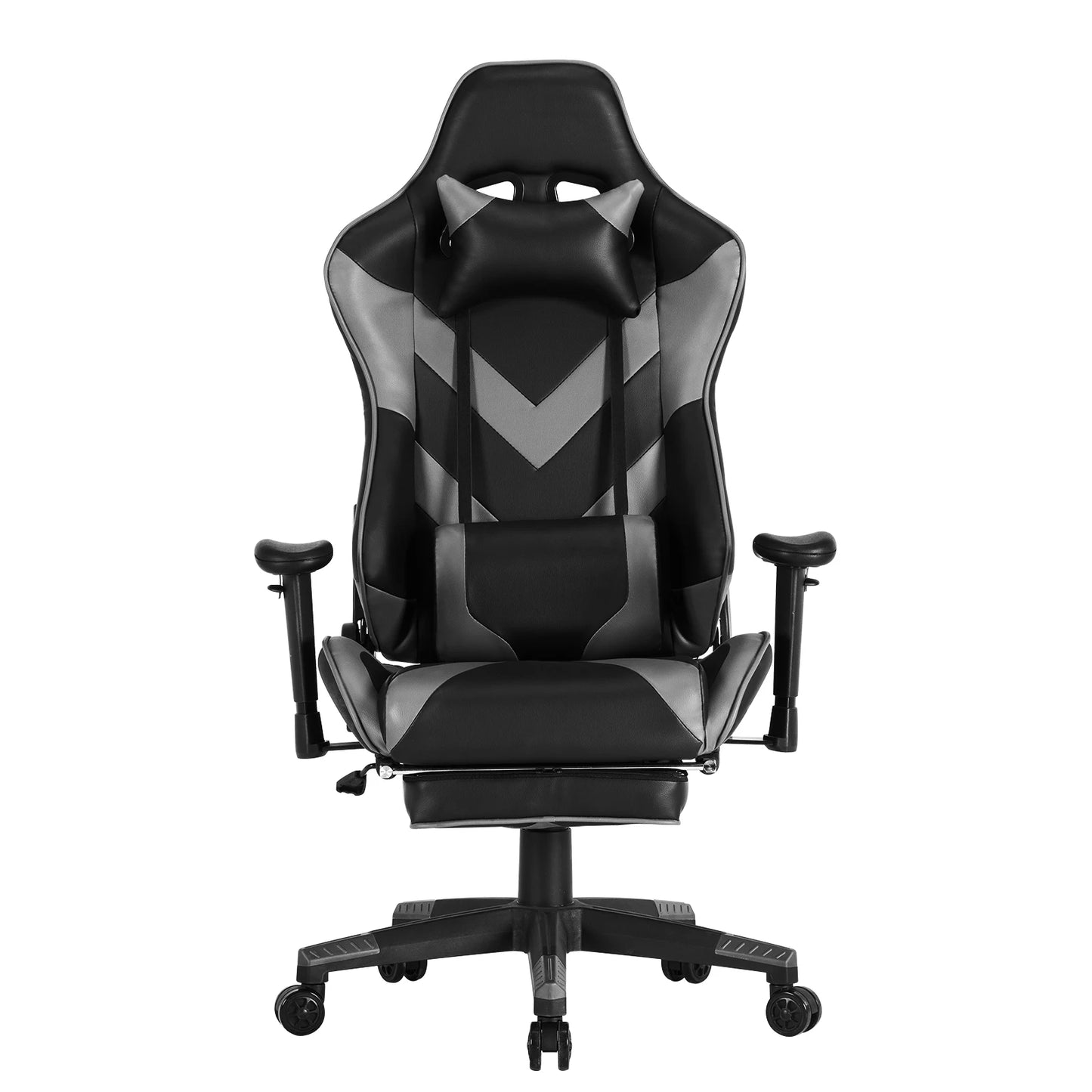 Gaming Stoel - Bureau – Racing - Ergonomische - Verstelbare - met Voetsteun - 155° Ligstand - Nekkussen - Lenden - Kunstleer – 360° Draaibare Wielen - Tot 136 kg Draagvermogen - Grijze Stof
