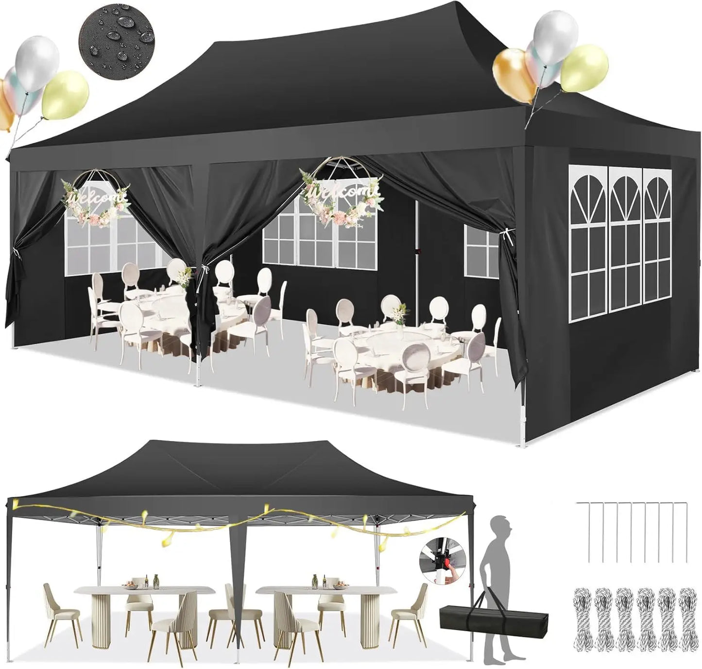 Tuinpaviljoen – Paviljoen – Partytent – Opvouwbare Tent – Overdekt 18 m² – Waterdicht 210D Oxford – Verstelbaar Op 3 Hoogtes - 3x6m - Zwart