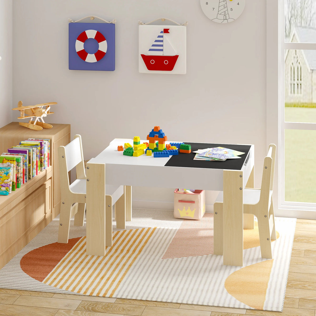 Children's Table - Children's Table and Chair Set - Children's Table and Chair Set - Children's Furniture with Storage - Drawing Table & Study Desk - For Kids & Preschool - 81.5x48x60.5 cm - White & Light Oak