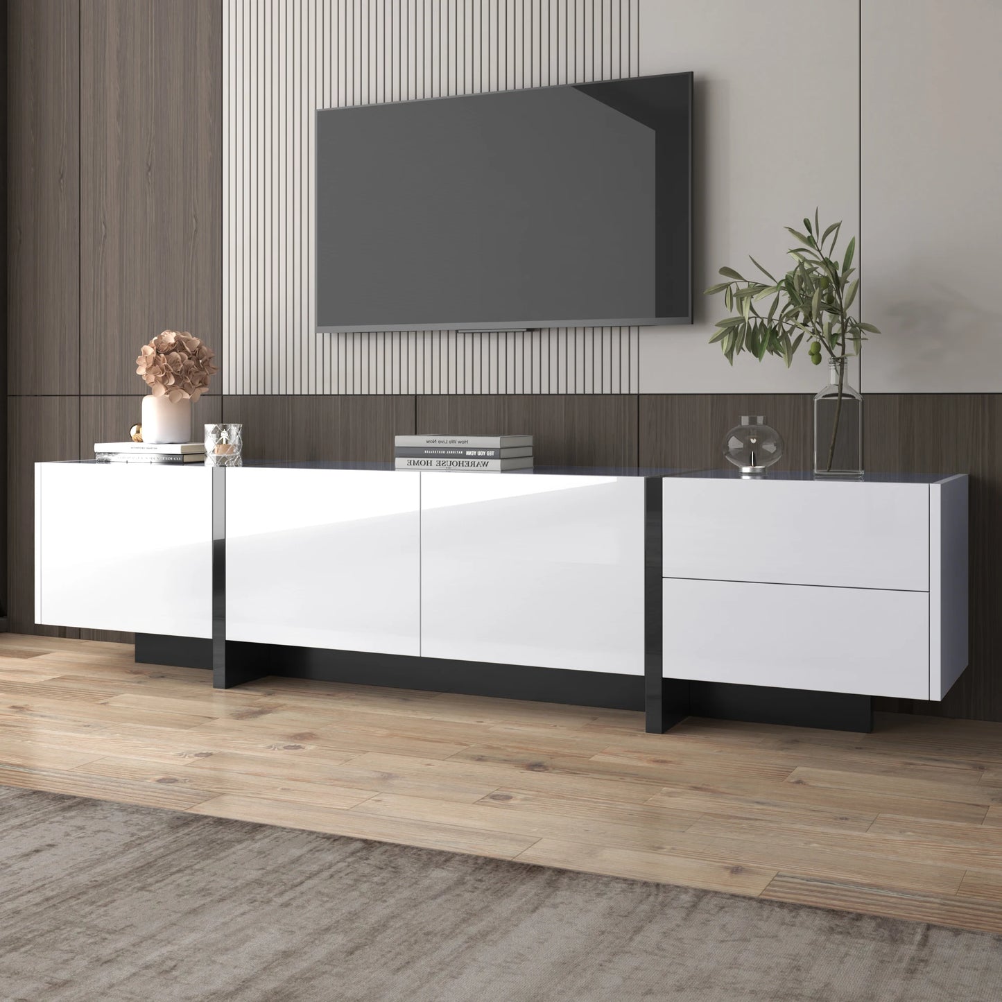 TV-Kast – Tv-Meubel – Mediameubel – Opbergkast – Zwart-Wit – 190 Cm Breedte – Glanzende Afwerking