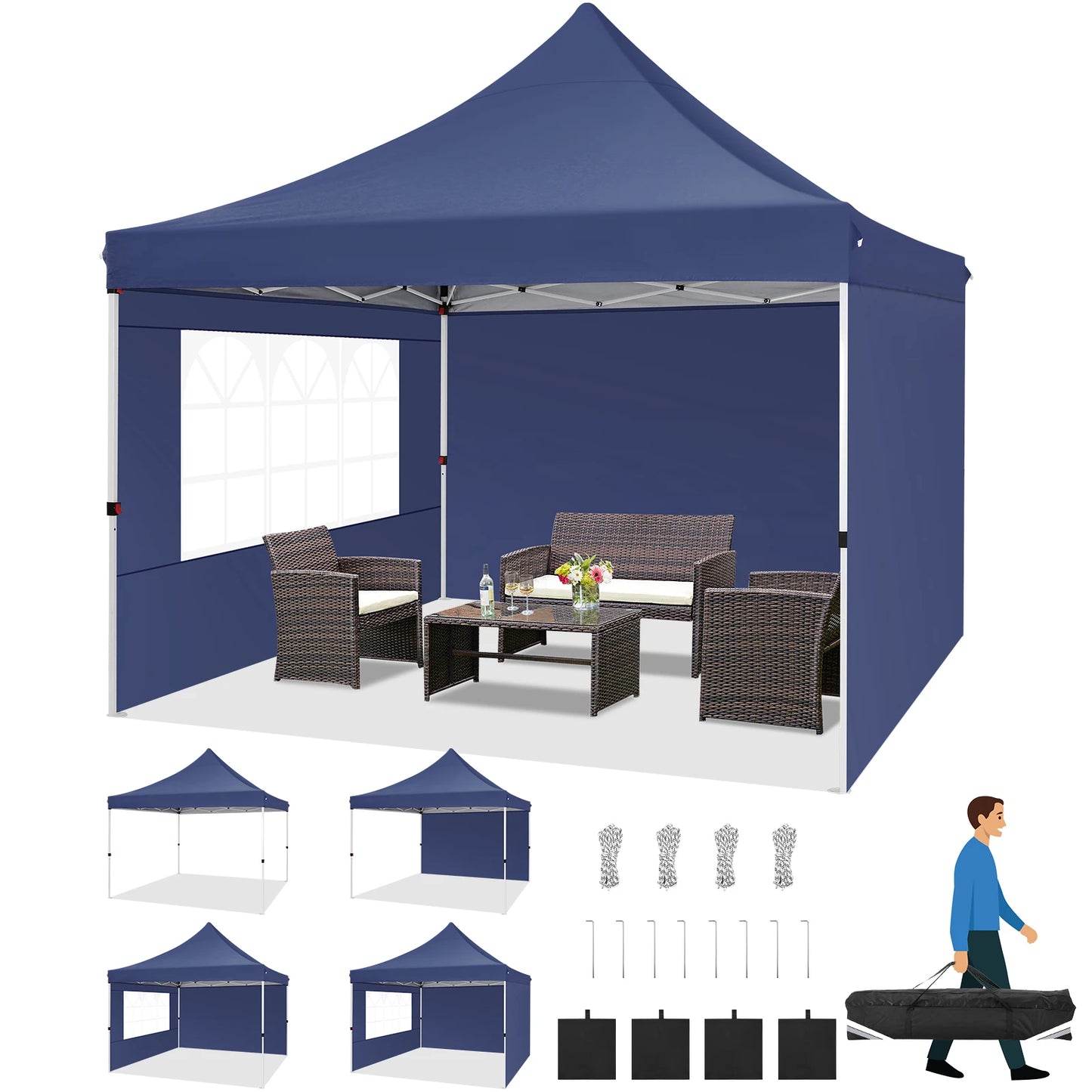 Opvouwbare Tuent – Partytent – Zonnescherm – Tuinoverkapping – Waterdicht 210D Oxford – Verstelbare Hoogte - 3 x x Meter - Marineblauw