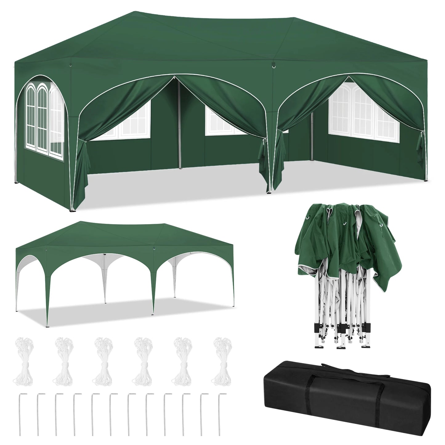 Vouwpaviljoen Gazebo - Gazebo Pop-Up Tent - Tuinpaviljoen - Kampeertent - Overkapping - Paviljoen - Opvouwbare Partytent - Tenten - 3x6m - 6 Zijkanten Verstelbare - Verstelbare Hoogte - Waterdichte - Groen - QUORE