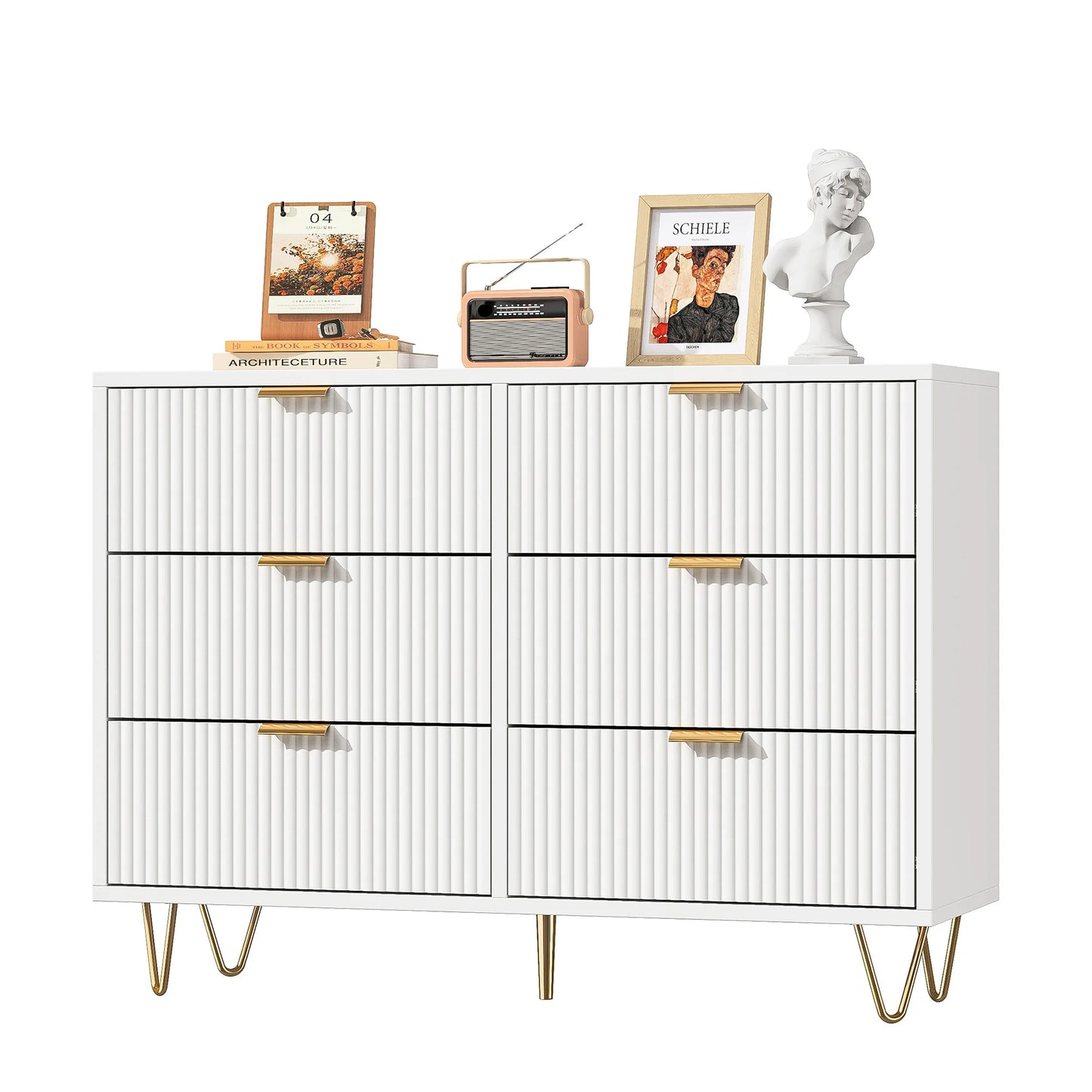 Ladenkast – Dressoir – Opbergkast – Kast – Commode – Wit – 6 Lades – Duurzaam Hout – Met Goudkleurige Handgrepen