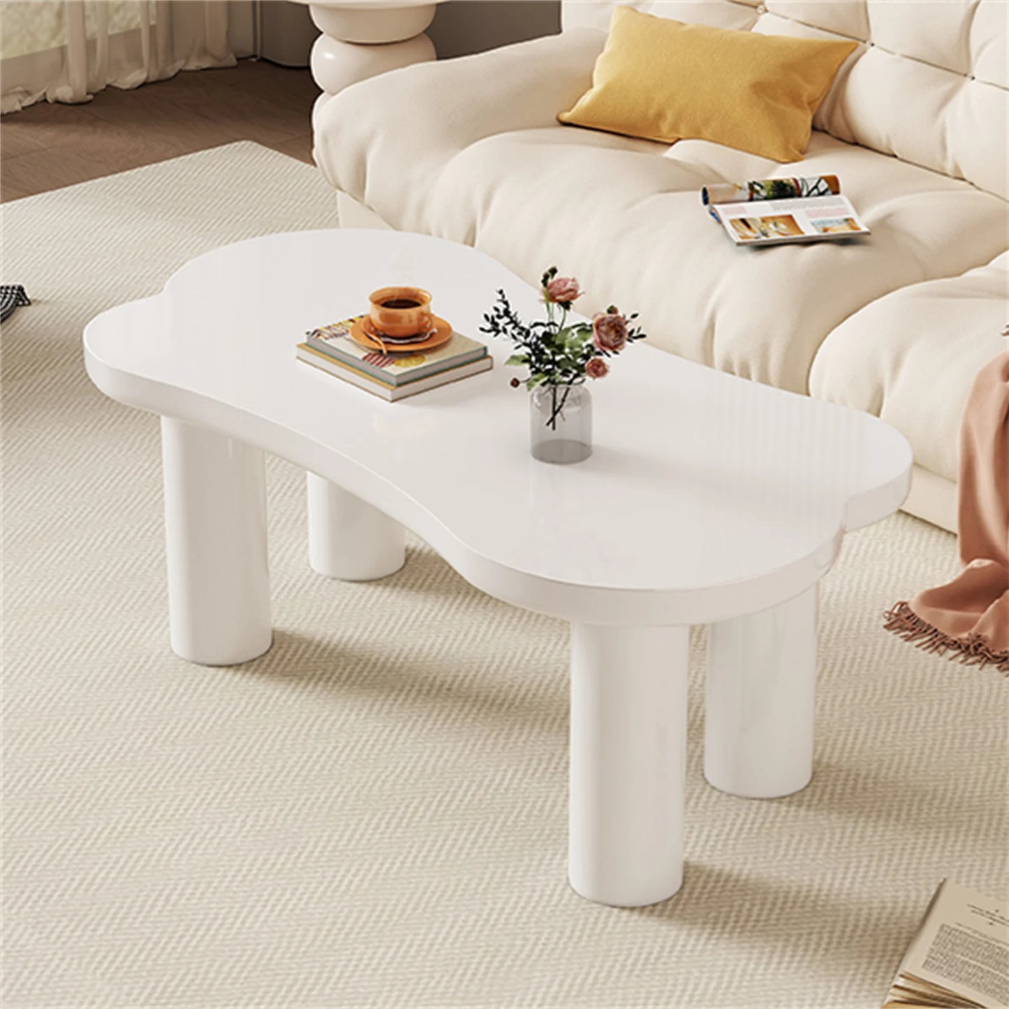 Salontafel – Botvormige Tafel – Woonkamertafel – Banken Set – MDF Tafelblad – Stevige PVC-Poten - 121.5 x 65.5 x 20 cm - Wit
