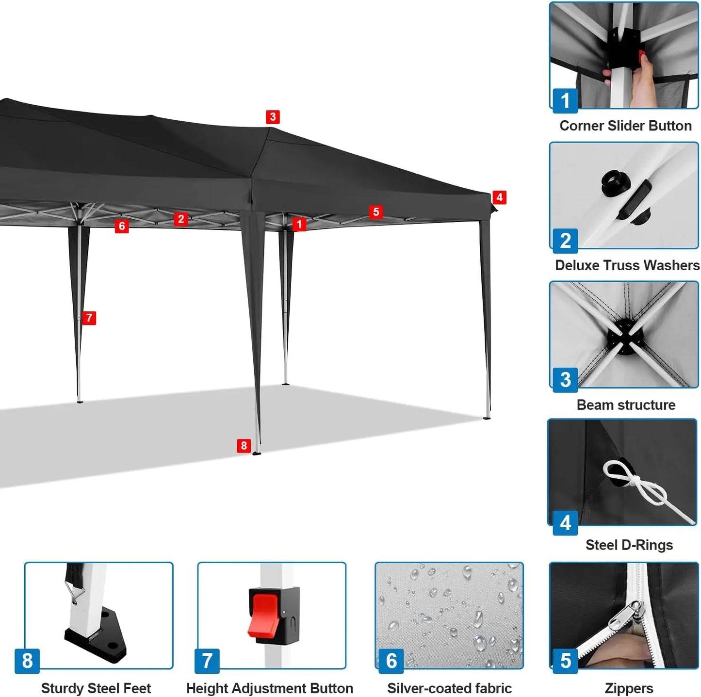 Partytent – Tent – Overkapping – Buitenluifel – 3x6 Meter – Waterdicht Oxford Doek – Verstelbaar Stalen Frame - Zwart - QUORE