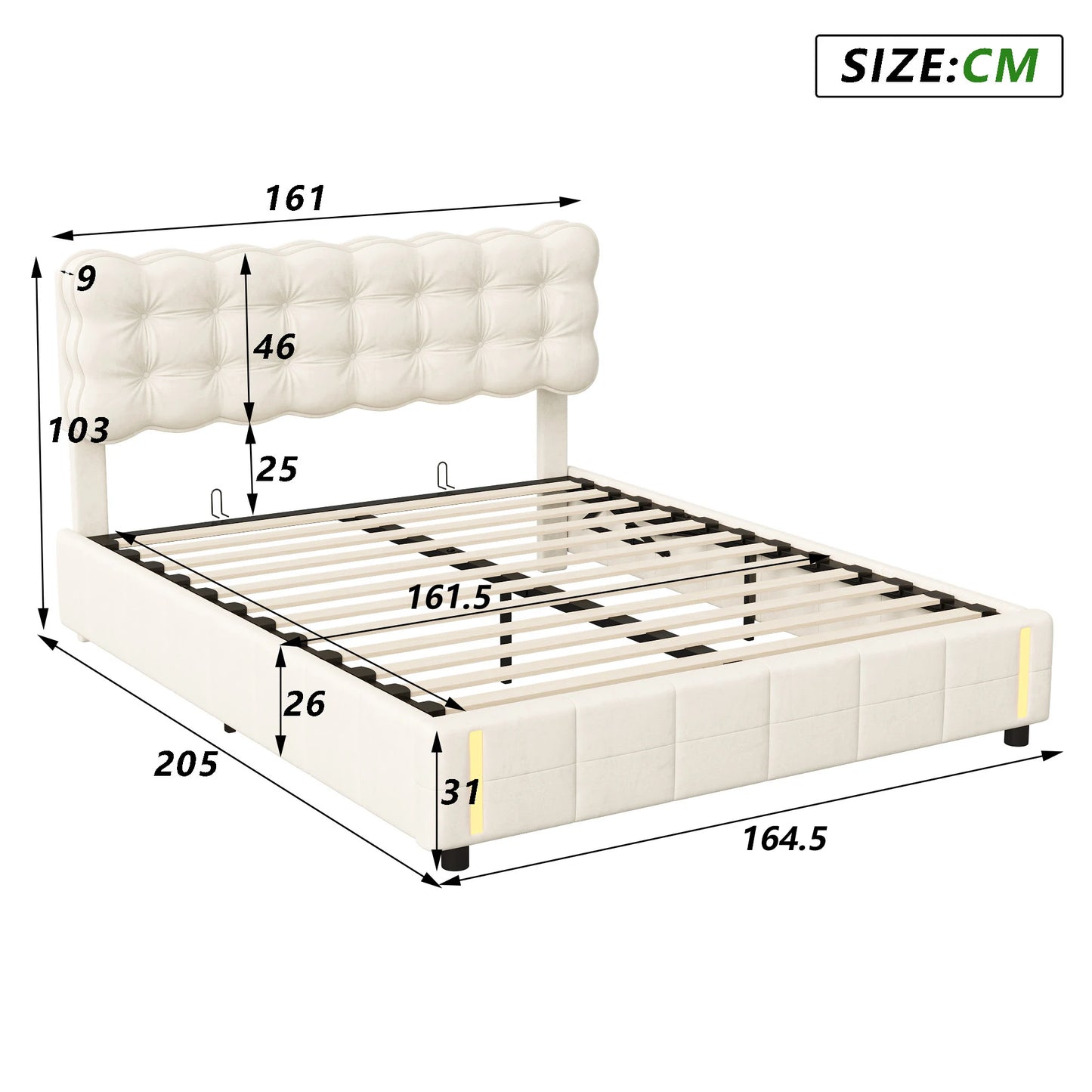 Anajqaqia Upholstered Bed with Storage Space, Hydraulic Bed with Body Sensor Light, Double Bed with Headboard & Slatted Frame