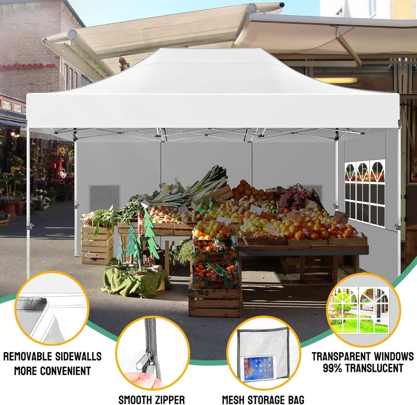 Tuinpaviljoen - Pop-Up Luifeltent – Overkapping – Tent – Luifel – Vouwtent – Waterdicht 420D Oxford – Verstelbare Hoogte 222-240cm - Wit