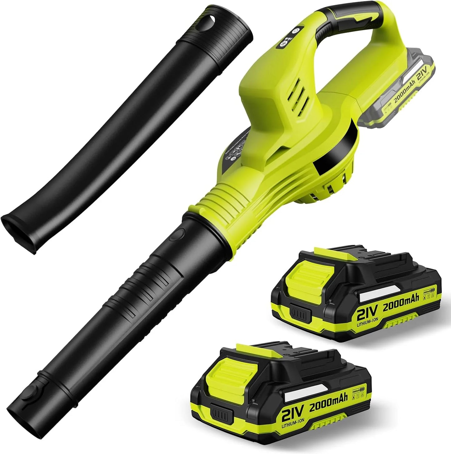 Bladblazer - Draadloze Bladblazer - Accu Bladblazer - 150 MPH - 3000W - 2 Snelheden - Sneeuwblazer - Stofzuiger Veegmachine - Accu Tuingereedschap - 2 Batterij - Groen/Geel