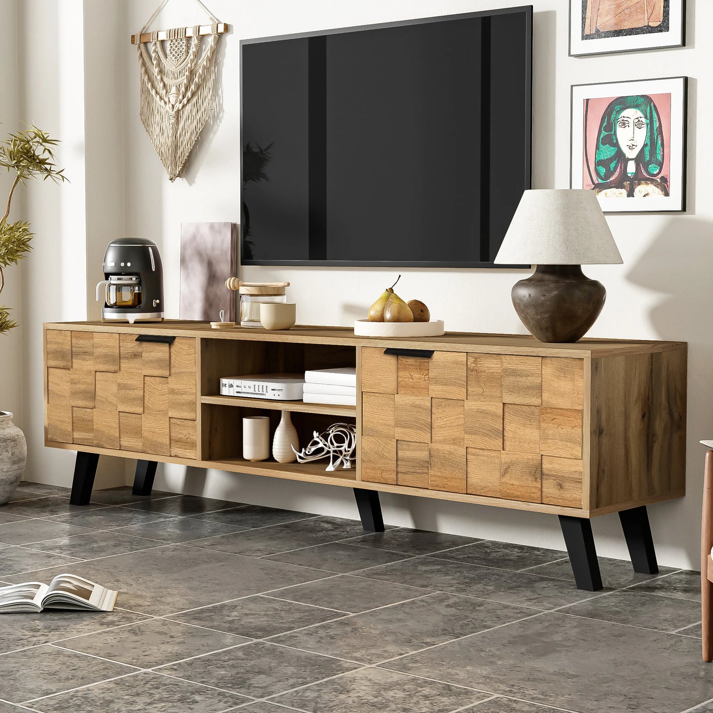 Schoenenkast – Schoenenrek – Schoenopberger – Schoenmeubel – Schoenenkast met 5 Compartimenten – Compact en Duurzaam – Houtlook met Zwarte Accenten – TV Kast Variant