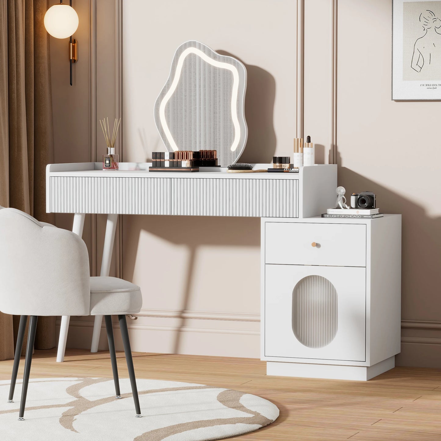 Kaptafel – Make-uptafel – Schminktisch – Verzorgingstafel – Witte Kaptafel – LED-Verlichting – Verstelbare Zijkast - Wit