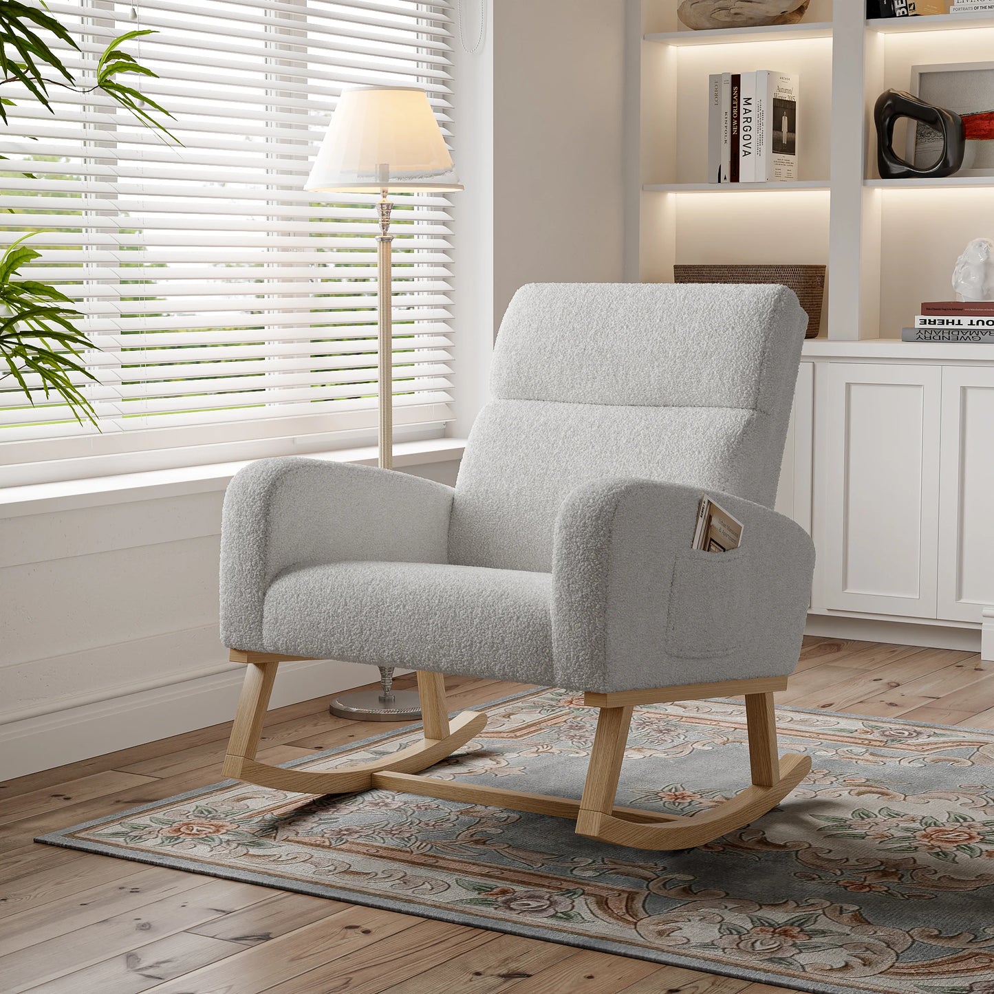 Schommelstoel – Schommelstoel Met Armleuningen – Woonkamerstoel – Relaxstoel – Loungestoel – Lichtgrijs Teddy Velvet – Extra Dik Kussen 14 cm – Handige Opbergzakken