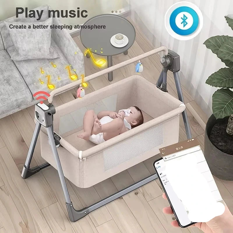 Elektrisch Babybed - Babybed - Babybedje - Wieg - Ledikant - Schommelbed - 3-in-1 - Verstelbare Hoogte - met Muskietennet -Wielen - App-besturing - Afstandsbediening - Grijs - Deluxe Editie