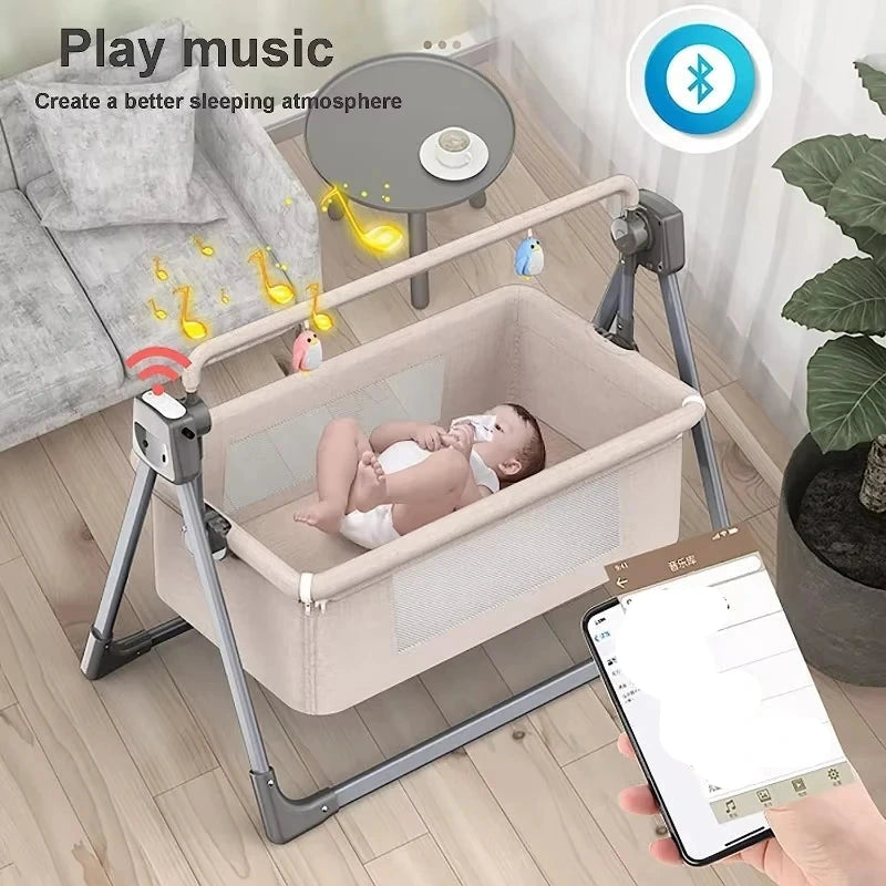 Elektrisch Babybed - Babybed - Babybedje - Wieg - Ledikant - Schommelbed - 3-in-1 - Verstelbare Hoogte - met Muskietennet - App-besturing - Afstandsbediening - Khaki