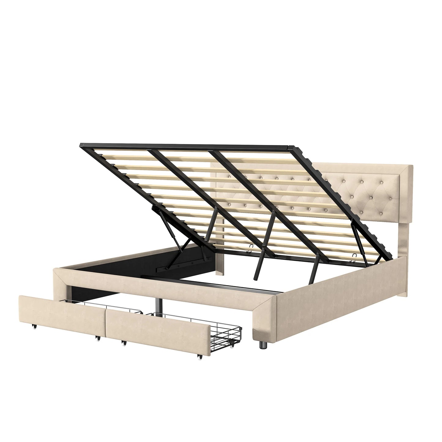 Opbergbed – Bedframe – Tweepersoonsbed – Slaapbank – Stijlvol Bed – Grijs 180x200 cm – Fluwelen Bekleding – 2 Ruime Lade Met Wieltjes