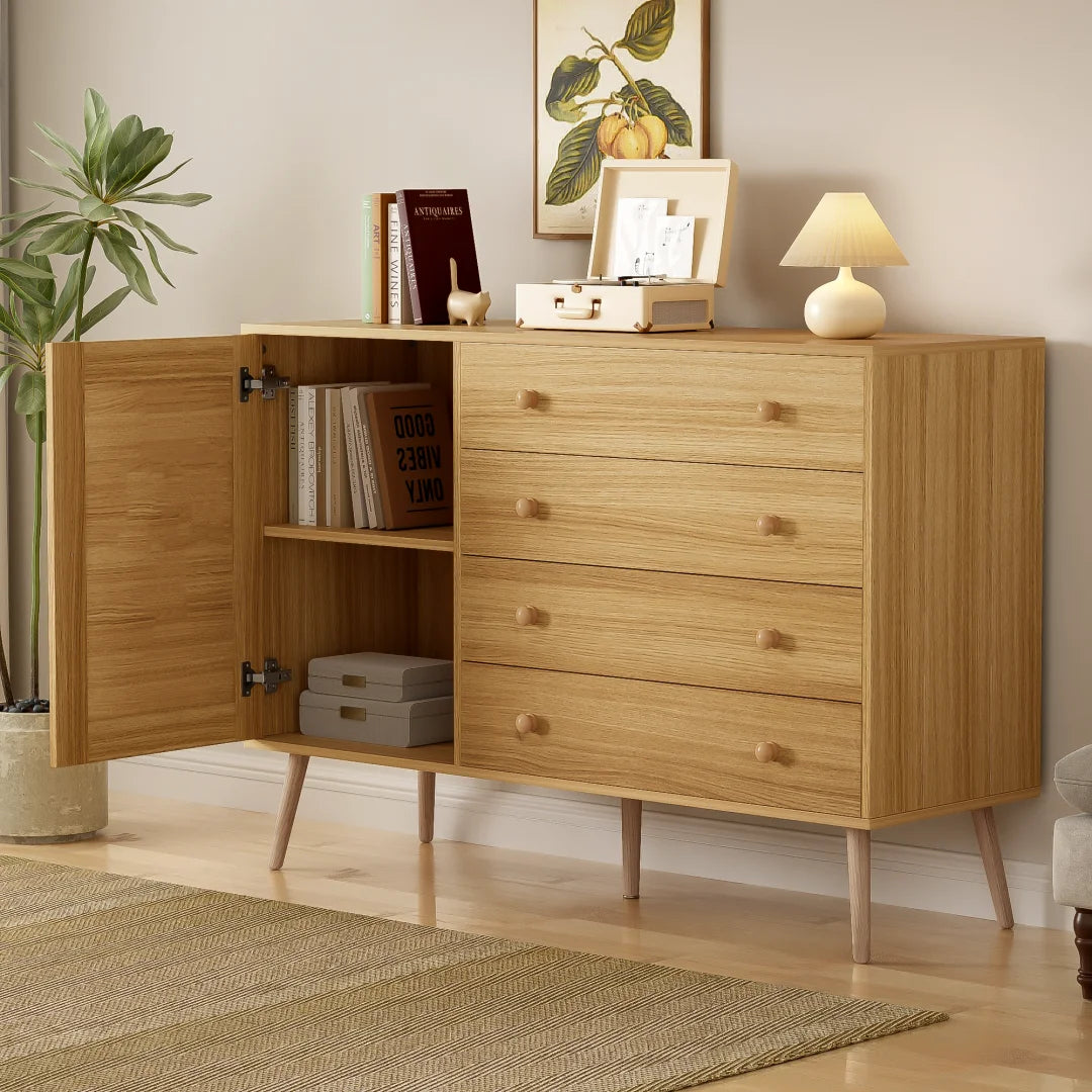 Buffetkast – Opbergkast – Ladekast – Kast Met Deur – 4 Lades – Natuurlijk Houttint – Geschikt Voor Robotstofzuiger - Houtkleur