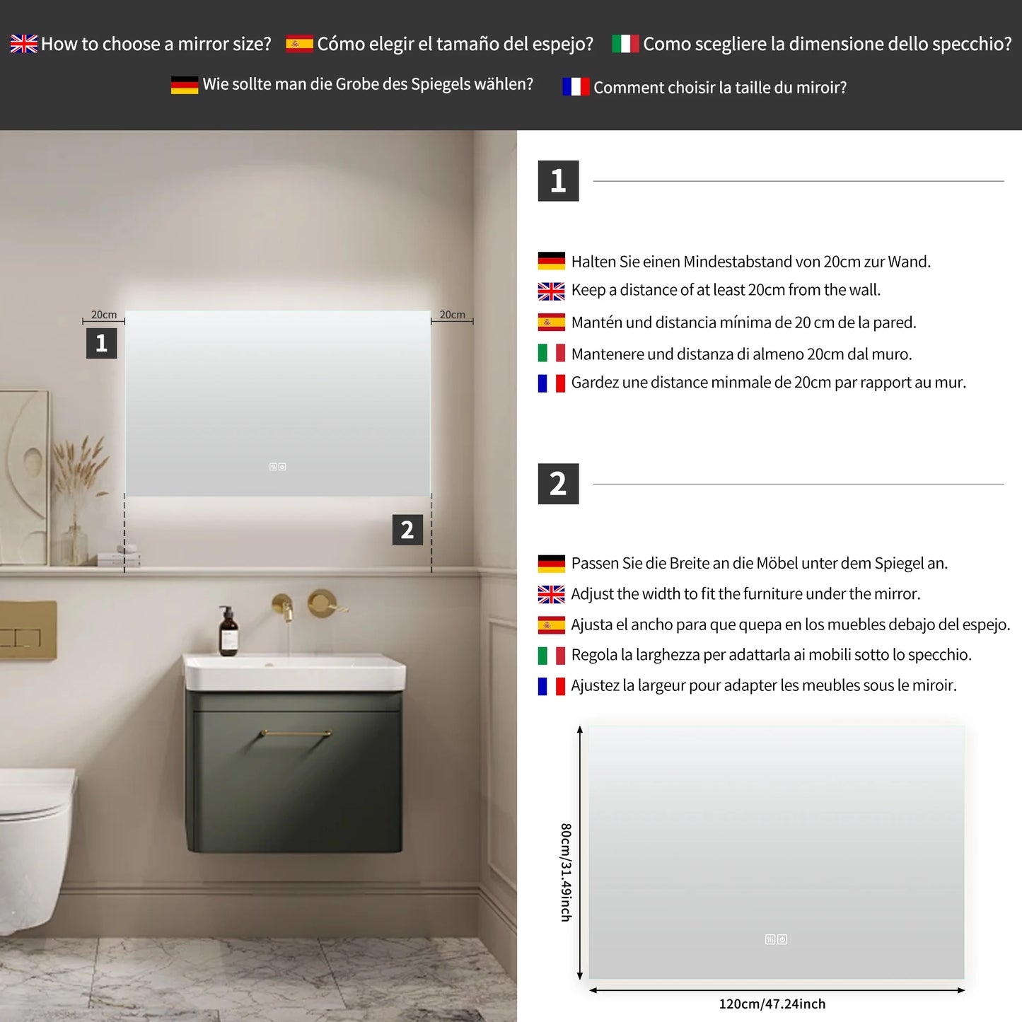 Led-Badkamerspiegel – Spiegel – Badkamer Spiegel – Verlichte Spiegel – Anti-Condensfunctie – Instelbare Led-Verlichting – Frameloos Ontwerp