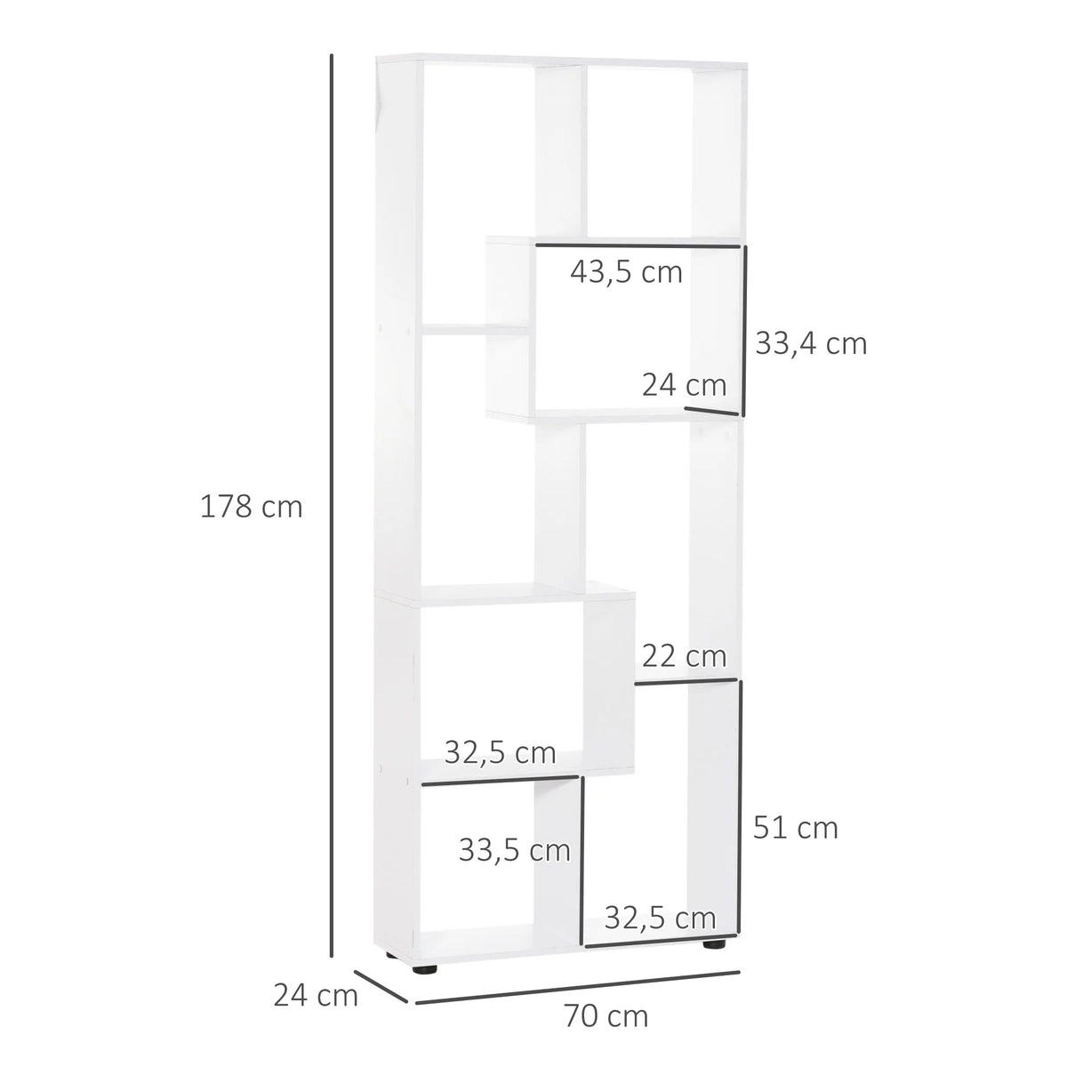 Verticale Boekenkast – Opbergkast - Boekenrek - Vakkenkast - 8 Vakken - Moderne - E1 Spaanplaat - Vrijstaande - 70x24x178 cm – Wit - QUORE