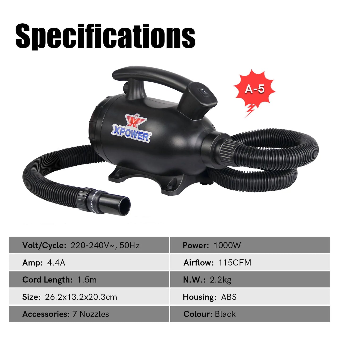 Elektrische Luchtdrukblazer – Luchtblazer – Stofzuiger Blazer – Blower – Luchtslang – 1000W Motor – 5 Mondstukken