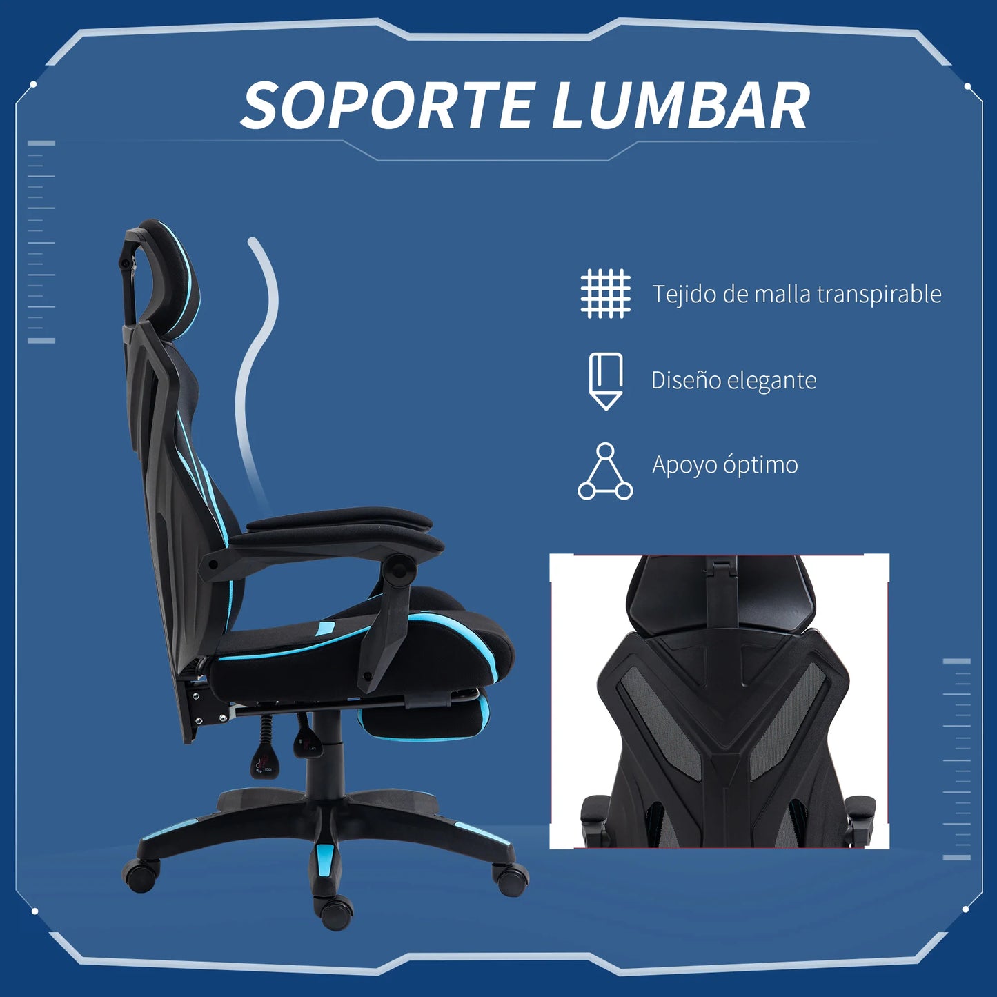 Ergonomische Bureaustoel – Bureaustoel – Kantoorstoel – Werkstoel – Gamingstoel – Verstelbare Rugleuning – Uittrekbare Voetensteun - 65 x 65x 119-129 cm - Zwart & Blauw