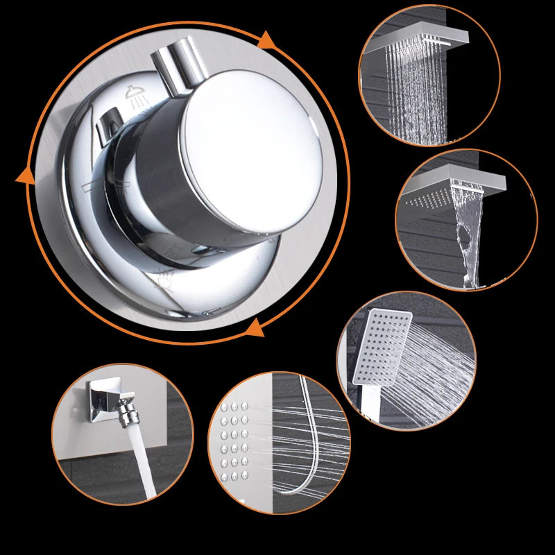 Douche - Regendouche - Douchewand - Douchekolom - Douchepanelen - Thermostatische Waterval & Regendouche Paneel - Geborsteld Nikkel - 3 Handgrepen - RVS Douchezuil
