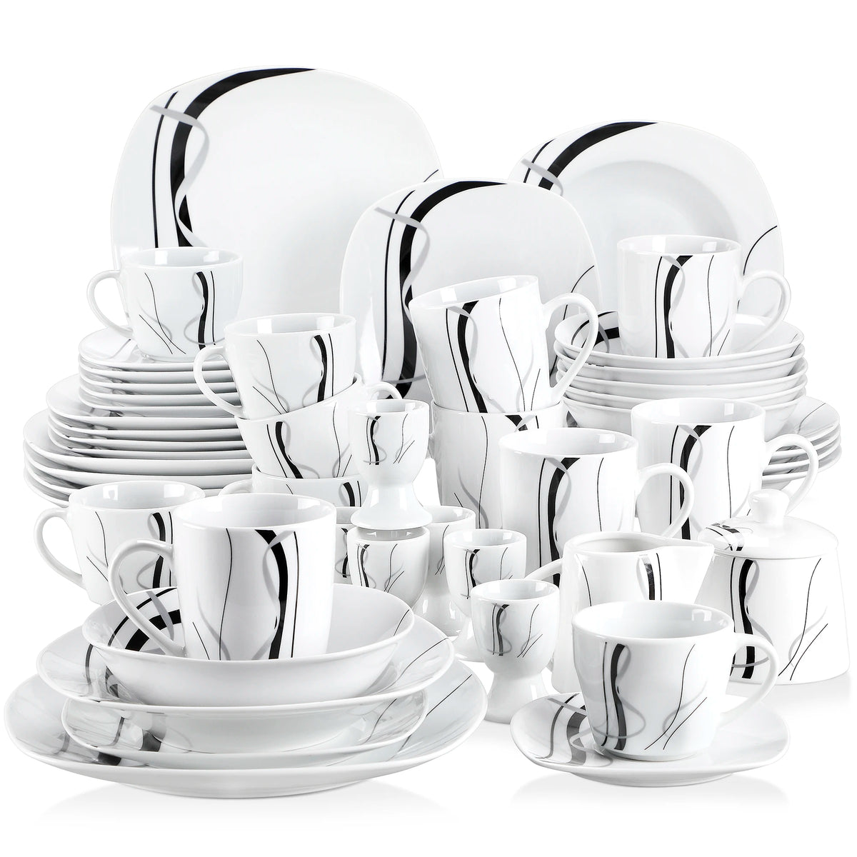 VEWEET 50/100-Piece Porcelain Dinner Set with Egg Cup,Cup&Saucer,Mug,Dessert&Soup&Dinner Plate,Bowl,Milk Jug,Sugar Pot Set