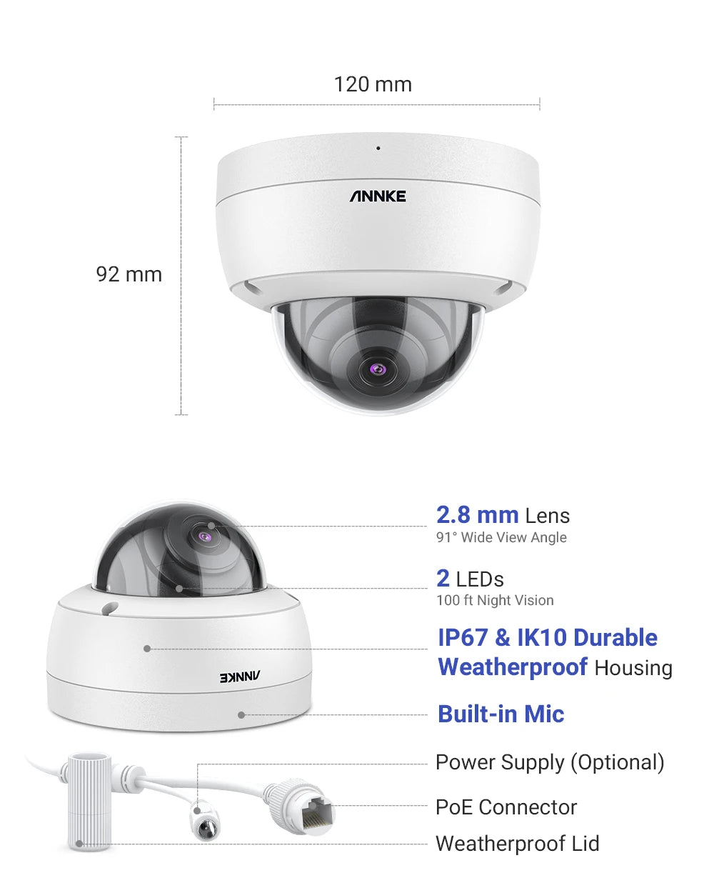 Dome Beveiligingscamera – IP Camera – Vandaalbestendige Camera – Surveillance Camera – PoE Camera – 5MP Resolutie – IK10 Behuizing Met Audio Opname