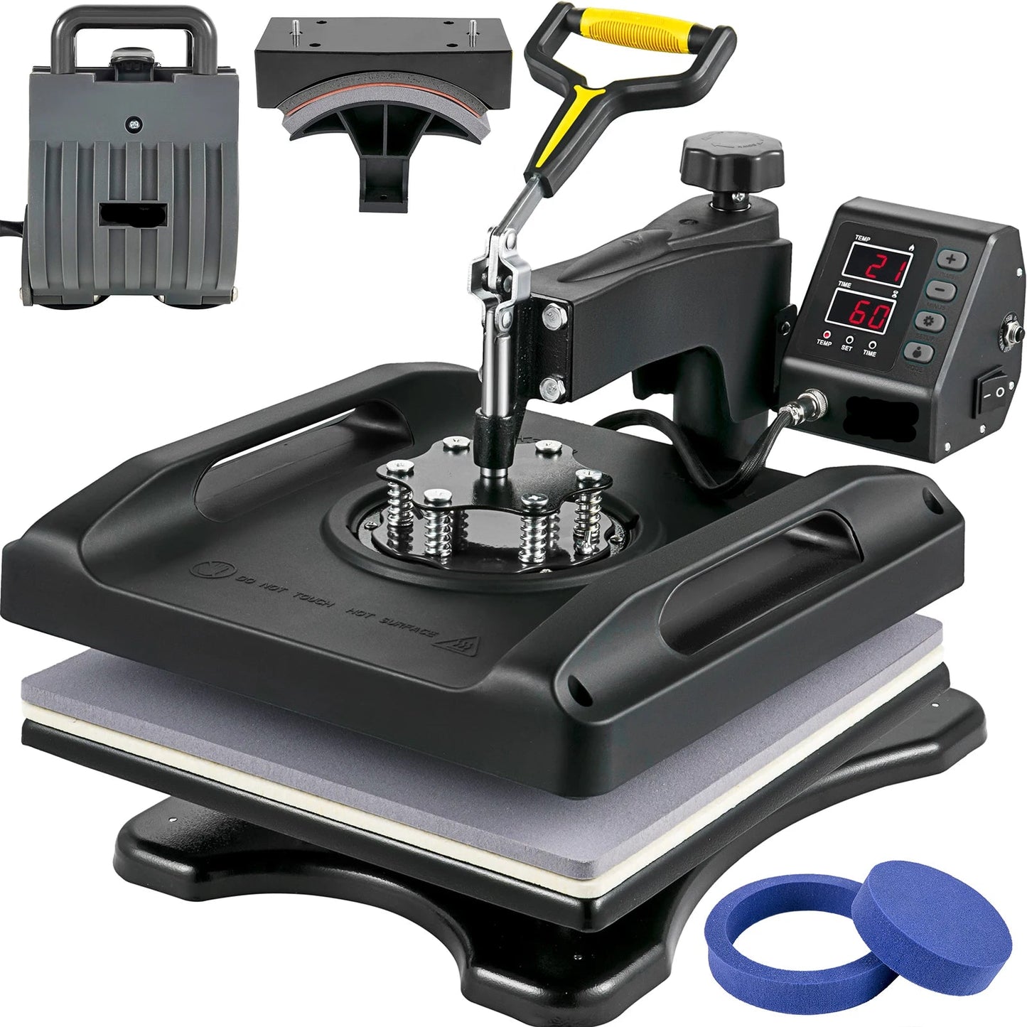 5-in-1 – Warmtepers – Transferpers – Sublimatiepers – Drukpers – Mokkenpers – Dubbel-Buis Verwarming – 360° Swing-Away Design - 15x15in - Zwart