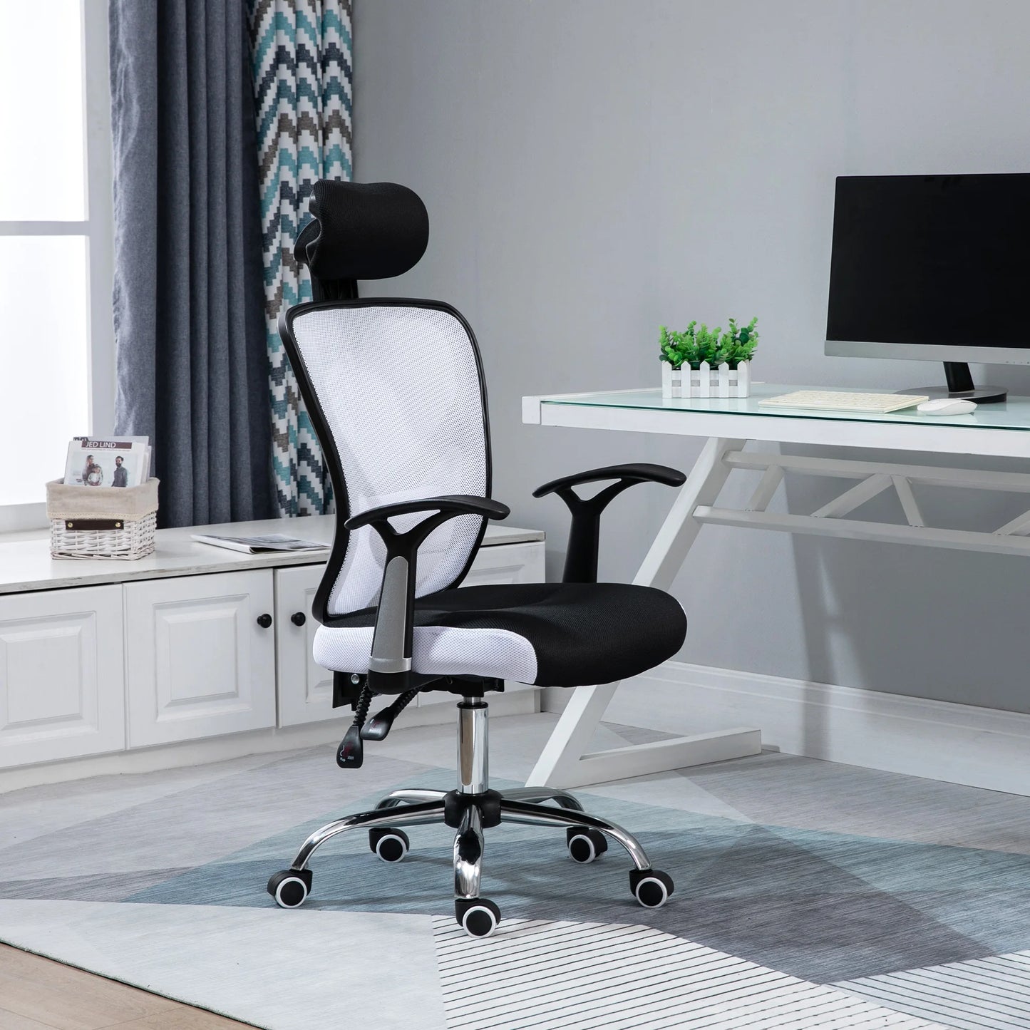 Bureaustoel - Swivel Stoel - met Voetsteun - Hoofdsteun - Verstelbare - Rugleuning - Lendenkussen - Ergonomische - Draaibare - 62 x 67 x 118 cm - Zwart & Wit