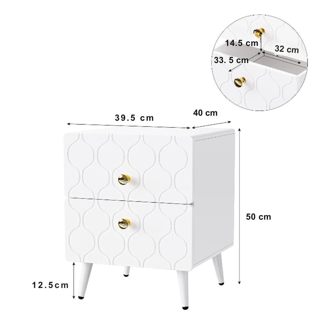 Modern Nachtkastje - Wit - set van 2 - Vergulde handgrepen - Golfpatroon - met 2 laden - gelakt - hoeken in stootvast ontwerp - 39,5 B*40 D*50 H cm - QUORE