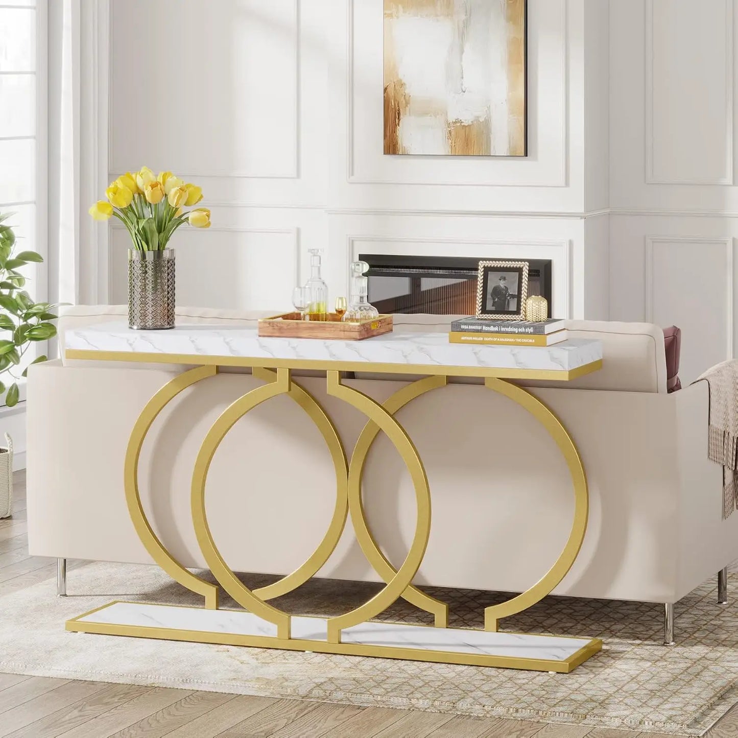 Console Tafel – Sidetable – Haltafel – Wandtafel – Marmeren Blad – Metalen Frame – 153 x 37.5 x 19.5 cm - Wit and Goud