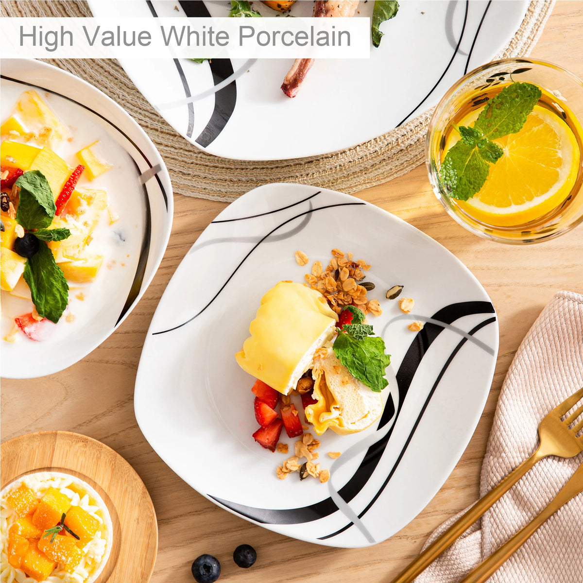 Serviesset - Servies – Dinerborden - Ronde Borden - Zwarte Lijn - 18-Delige – Soepborden - Dessertborden – Voor Keuken - Eettafel
