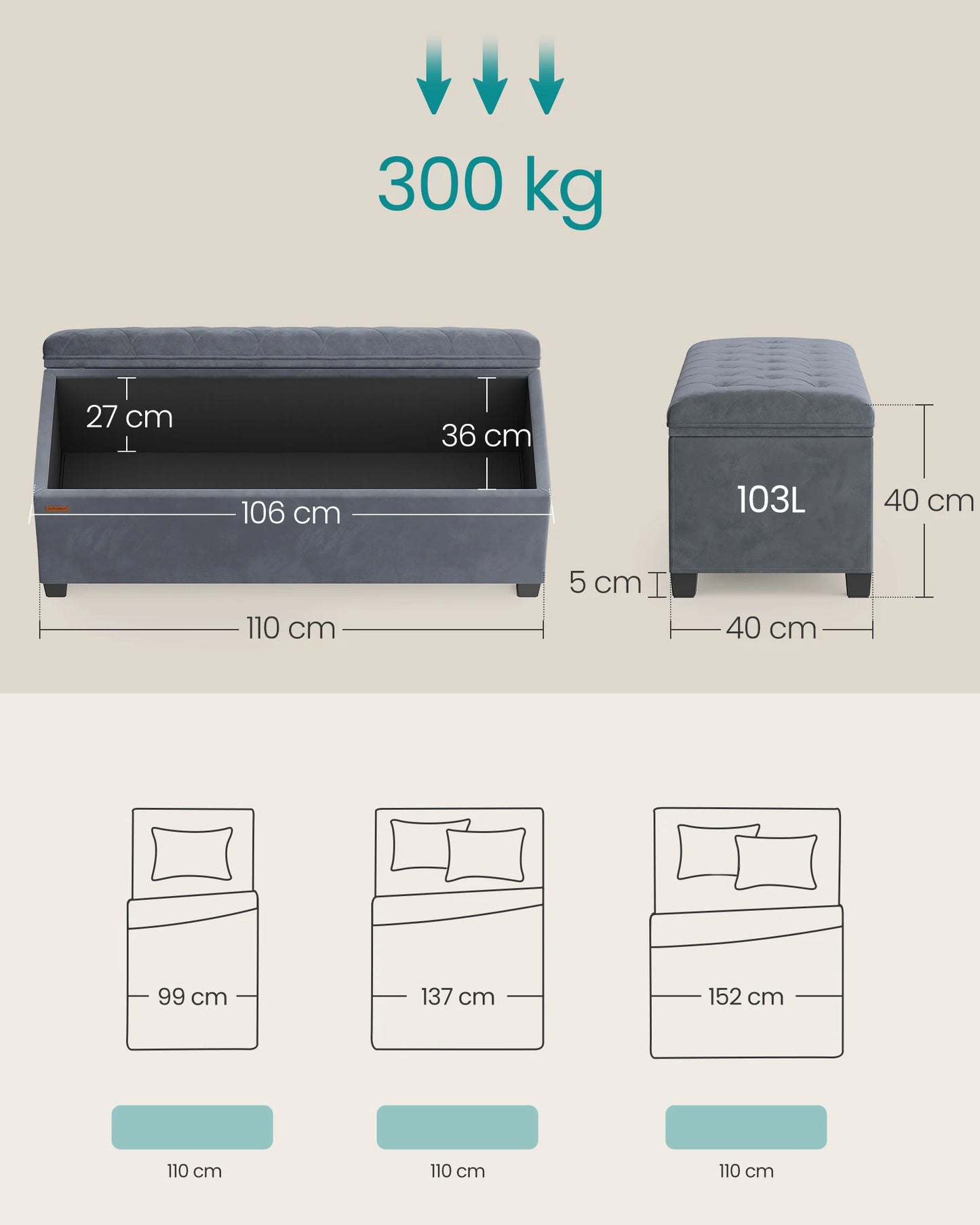 Bank - Zitbank - Slaapkamerbank - Slaapkamer - Opbergers - 38 cm x110 cm x 38 cm - Donkergrijs - QUORE