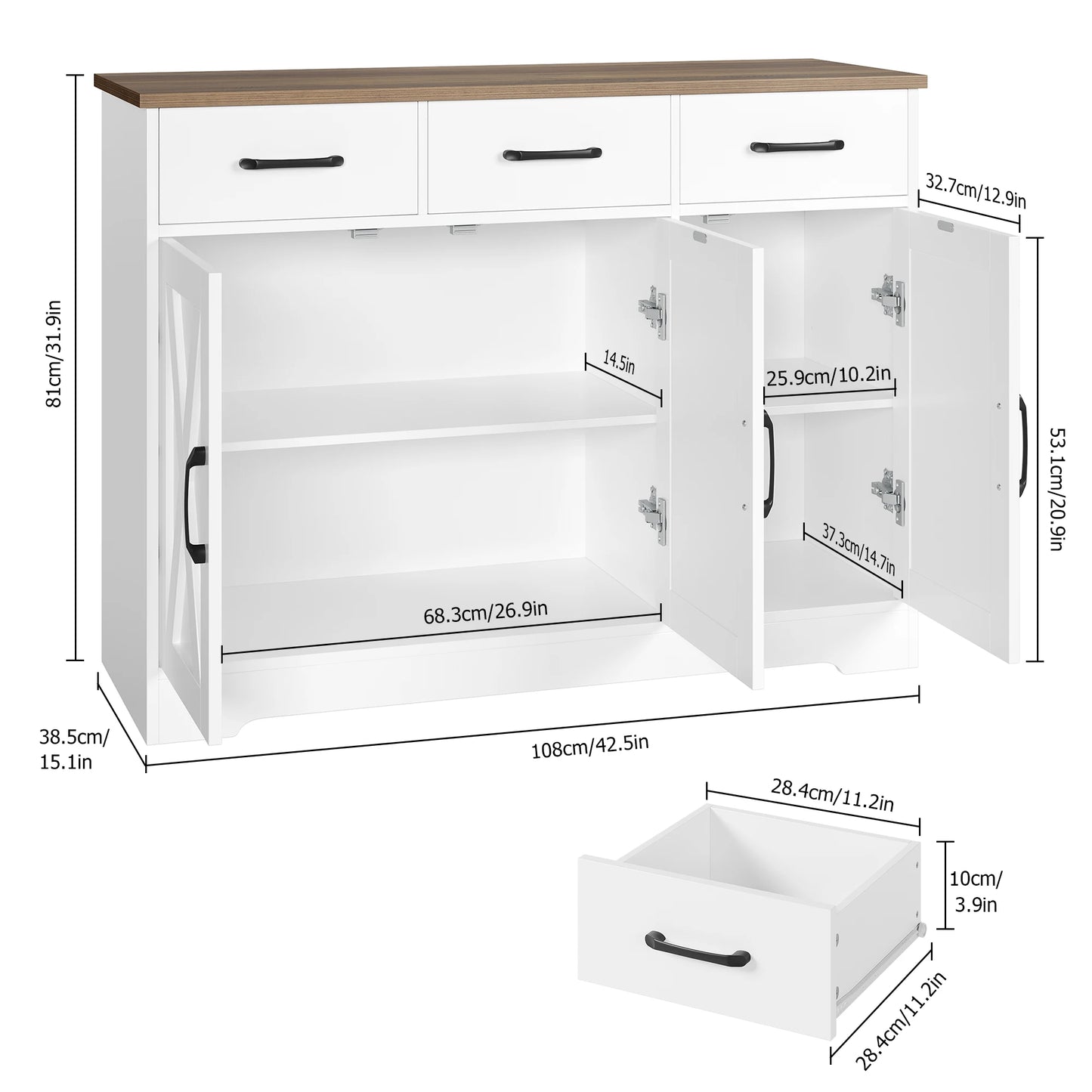 Zijbuffet – Sideboard – Dressoir – Buffetkast – Keukenbuffet – Variant Multi – Ruim Werkblad 108x38,5 cm – 3 Laden Met Metalen Ladegeleiders - QUORE