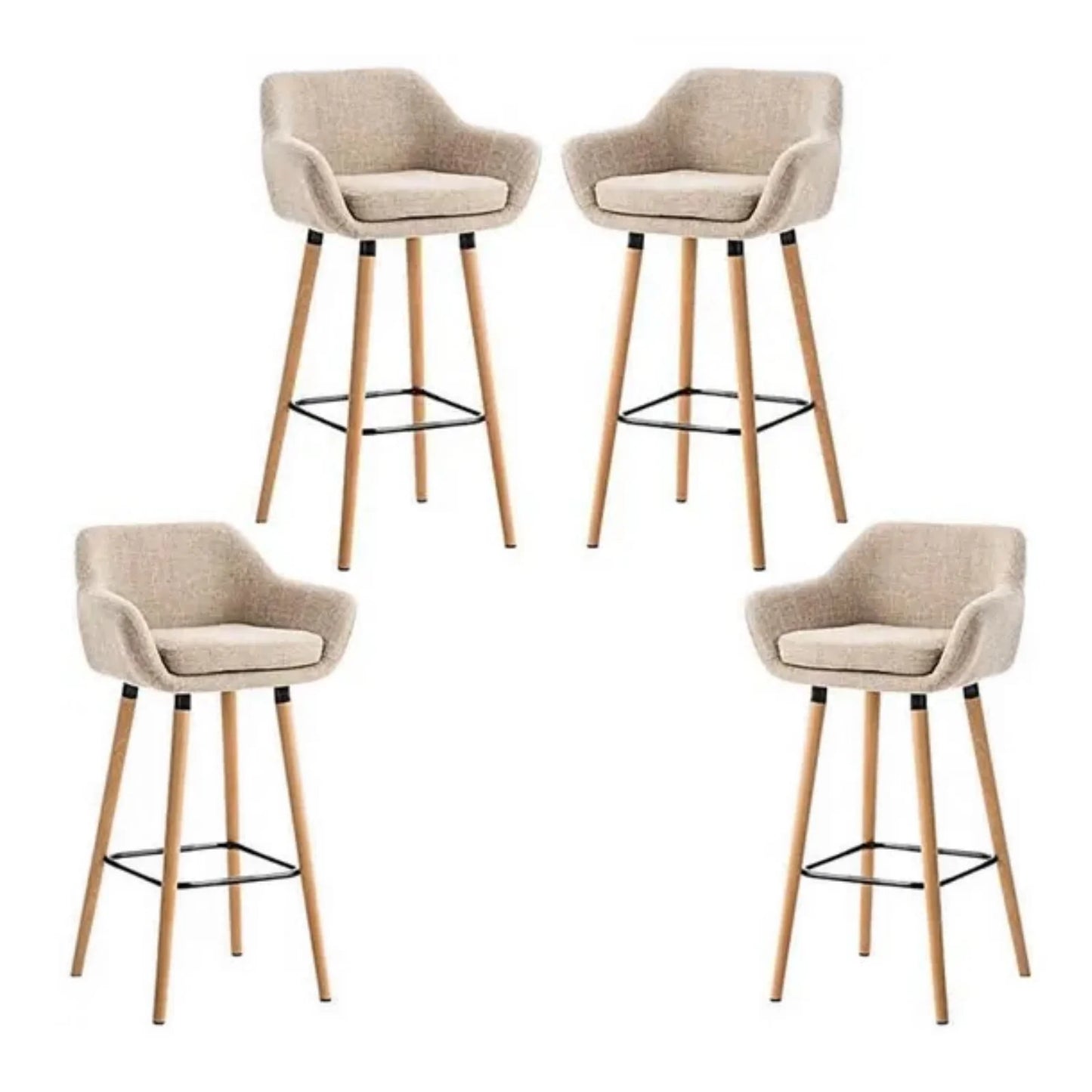 Set of 2 Bar Stools, with Backrest and Footrest, High and Padded Chair, Linen Surface, Solid Wood Legs, in Quilted Fabric - QUORE