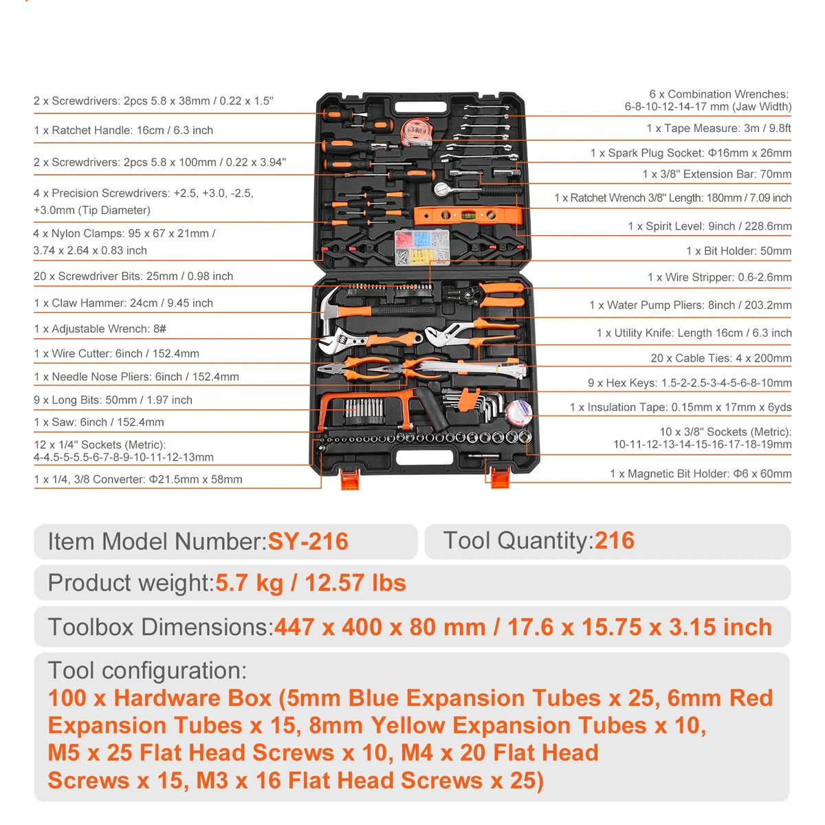 Gereedschapskoffer – 216-delige Set – Inclusief Hamer, Schroevendraaiers & Tang – Ideaal voor Huis & Auto – Zwart