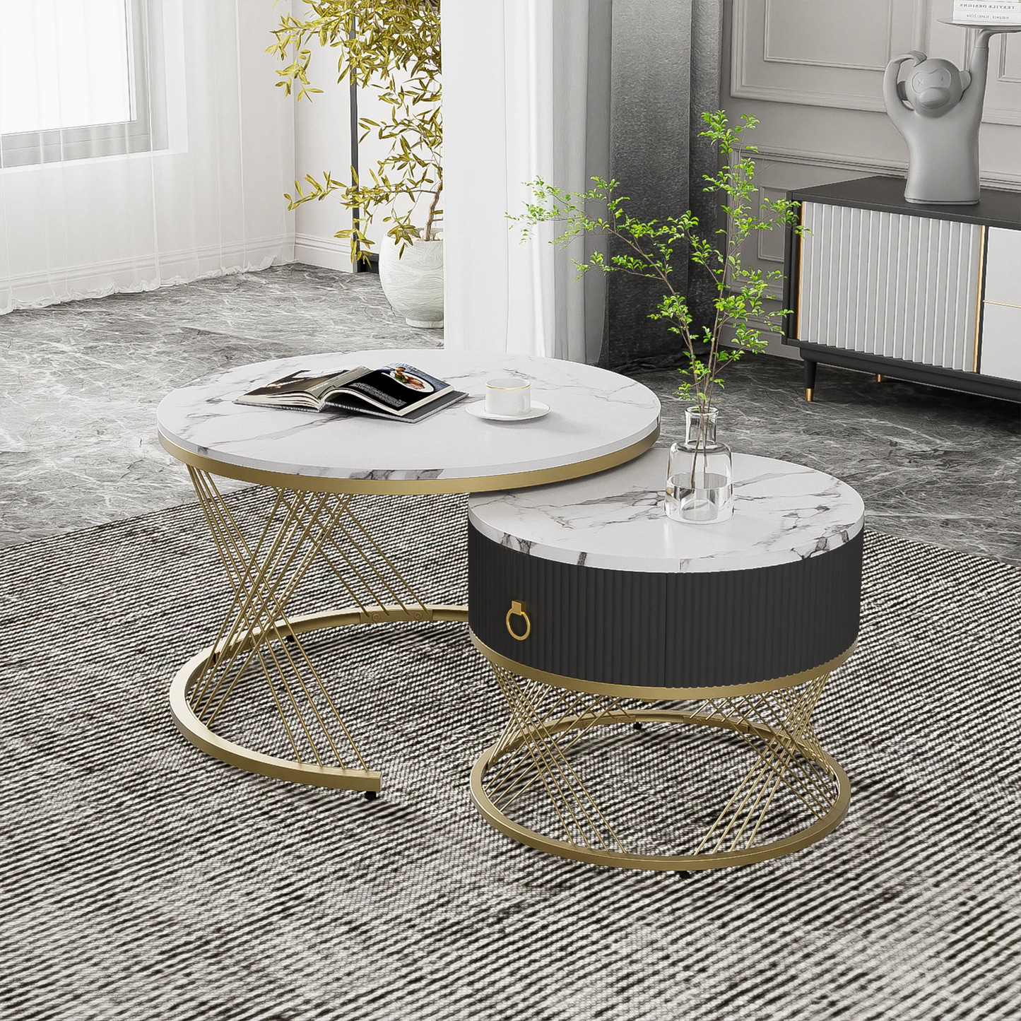 Koffietafel Set – Salontafel – Bijzettafel – Woonkamertafel – Modulaire Tafels – Marmerlook Blad – Gouden Accenten - 78 x 76.5 x 28 cm - Wit & Goud