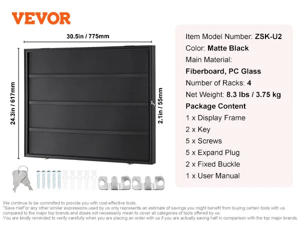 Vevor - Displayframe - display frame organizer - Grote afsluitbare sport schaduwdoos - 98% UV-bescherming PC glas en hangers - QUORE