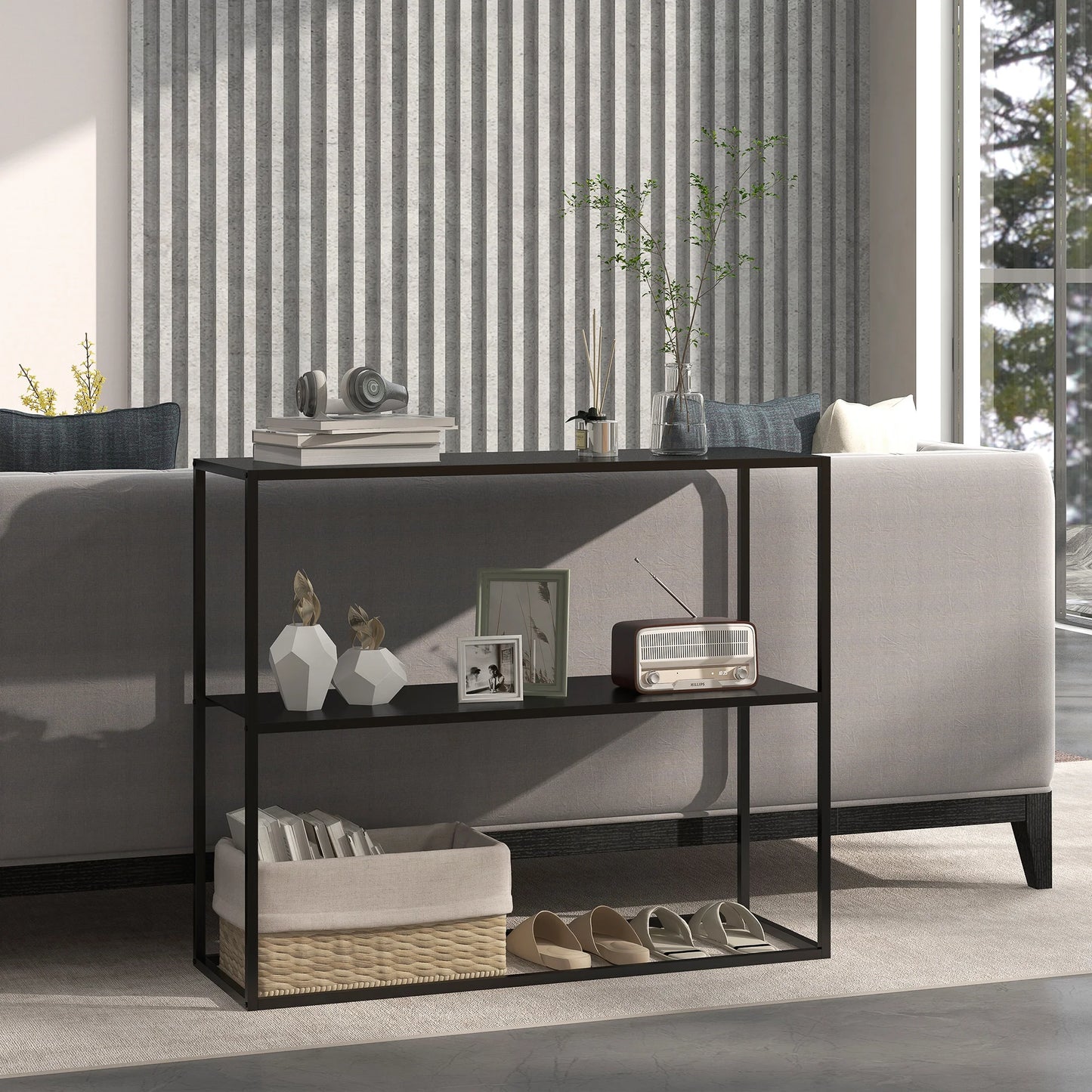 Consoletafel - Wandtafel - Haltafel - Sidetafel - met 2 Lagen - Stevig Metalen Frame - voor Entree - Hal - Woonkamer - Staal - 90 x 30 x 75 cm - Zwart