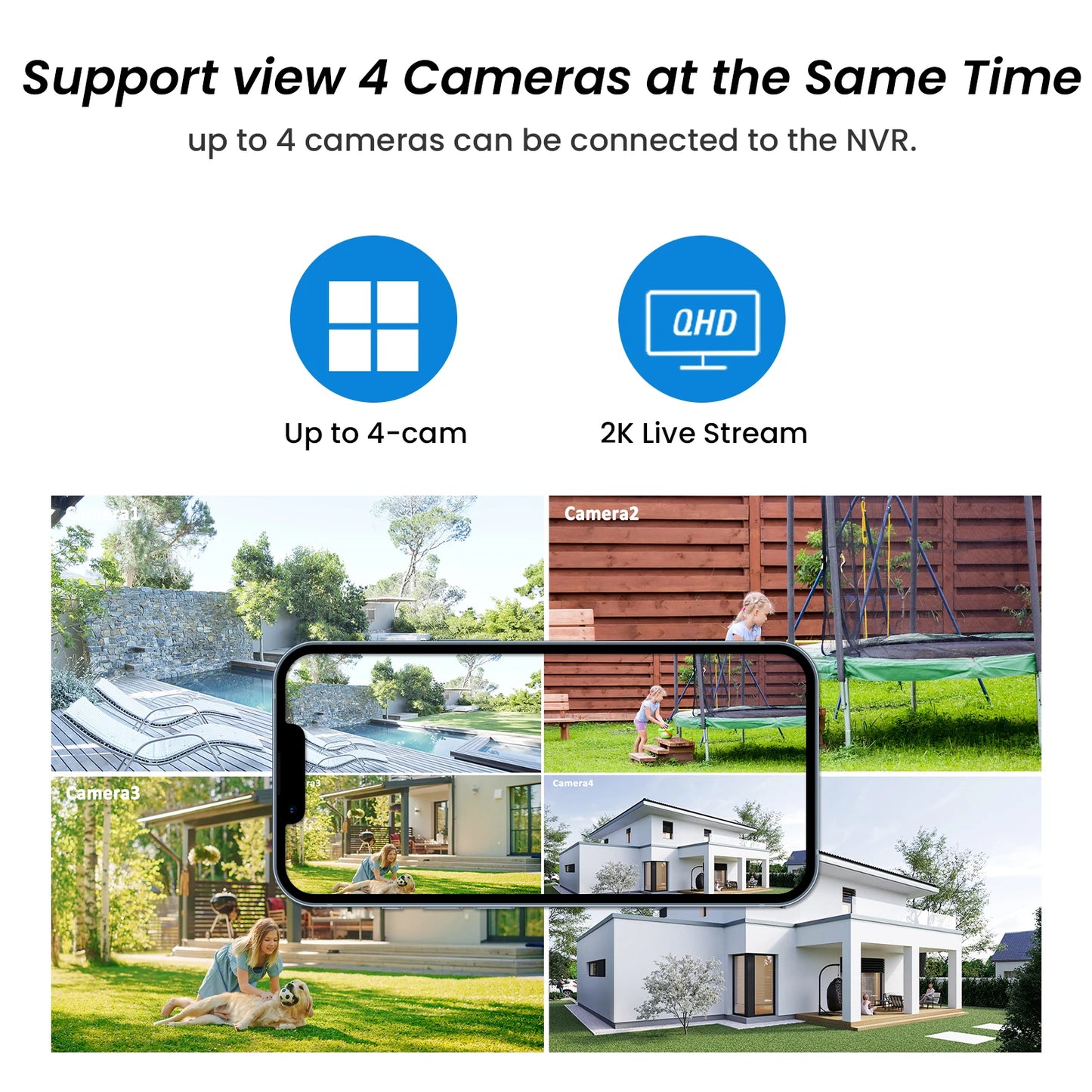Beveiligingscamera - 4MP - Camerabewaking - Draadloos - voor Buiten - 4 Stuks - 2K Ultra HD - met Zonnepaneel - Sirene-alarm - Humanoïde detectie - Tweerichtingsaudio - 4CH - NVR Recorder - Wit