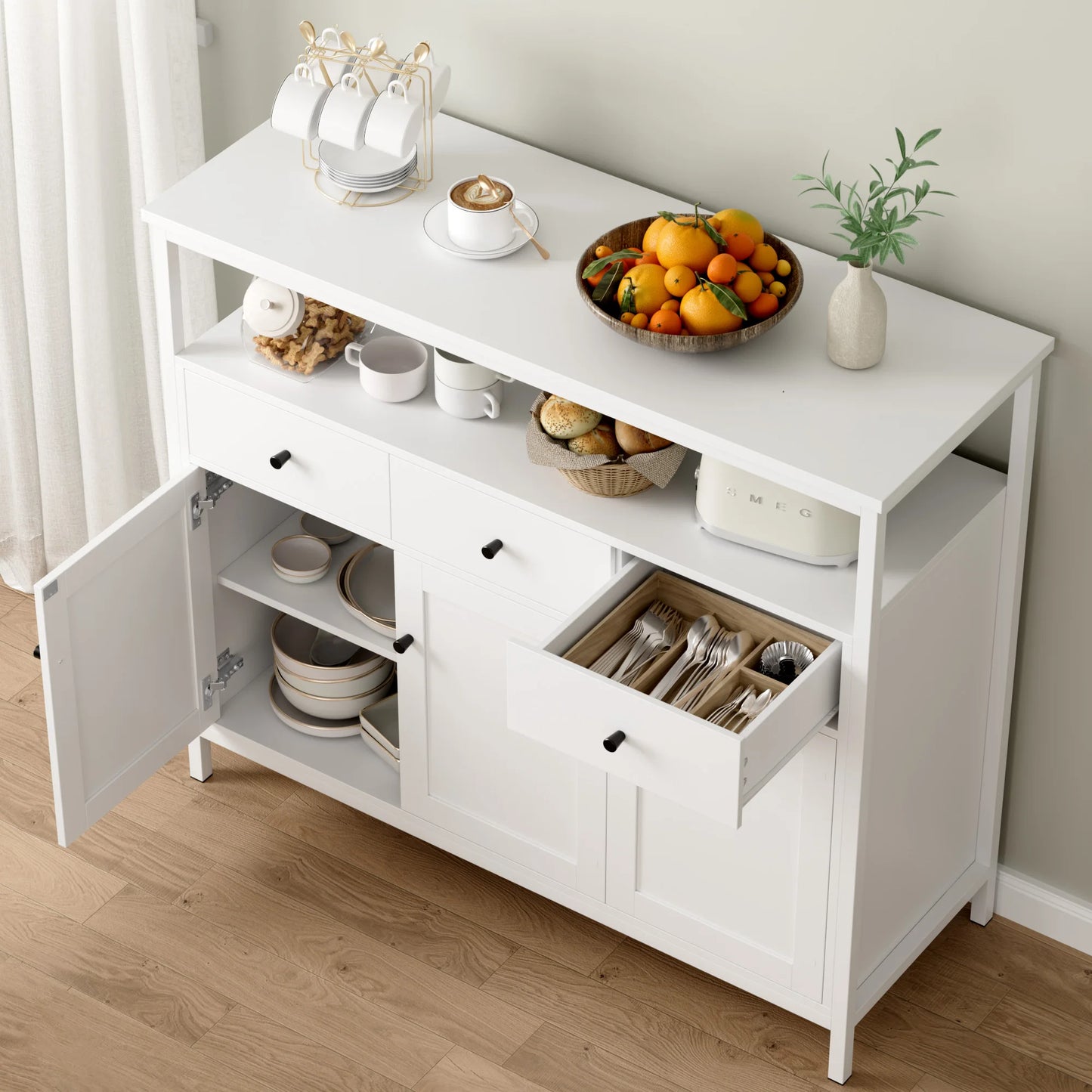 Buffetkast – Dressoir – Opbergkast – Sideboard – Witte Buffetkast – 108x38x98,5 cm – Verstelbare Planken